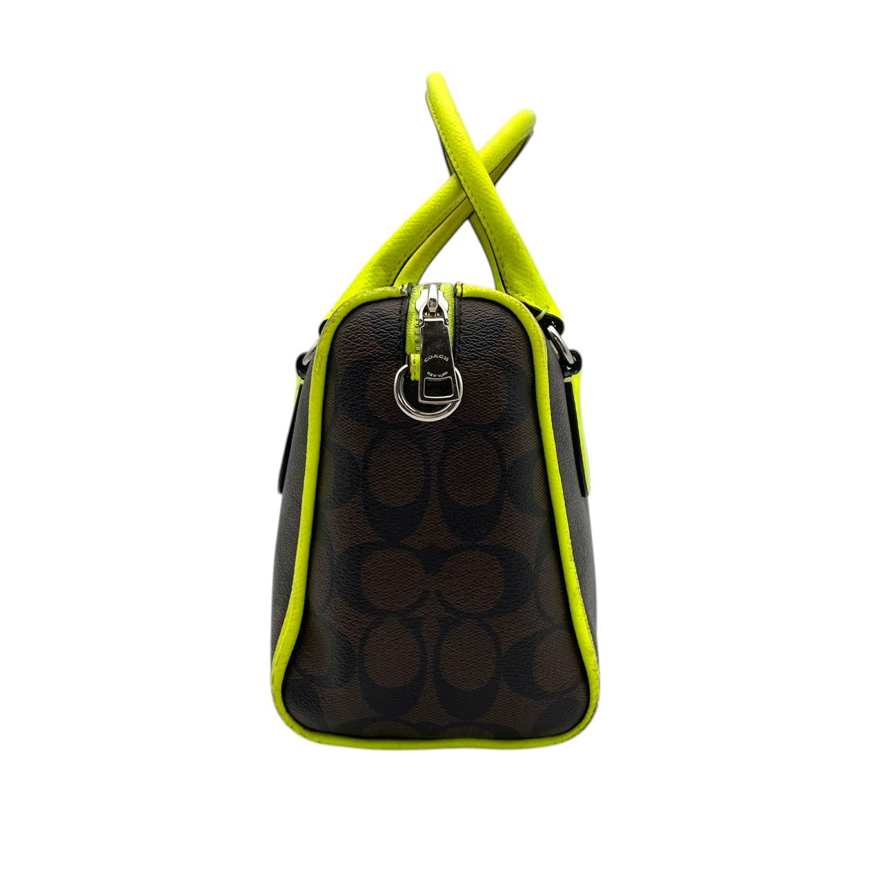 COACH コーチ Mini Bennett ミニベネット サッチェル 2way ハンドバッグ シグネチャー PVC×レザー ブラウン×ネオンイエロー レディース シルバー金具 コンパクト デイリー F34699 s88