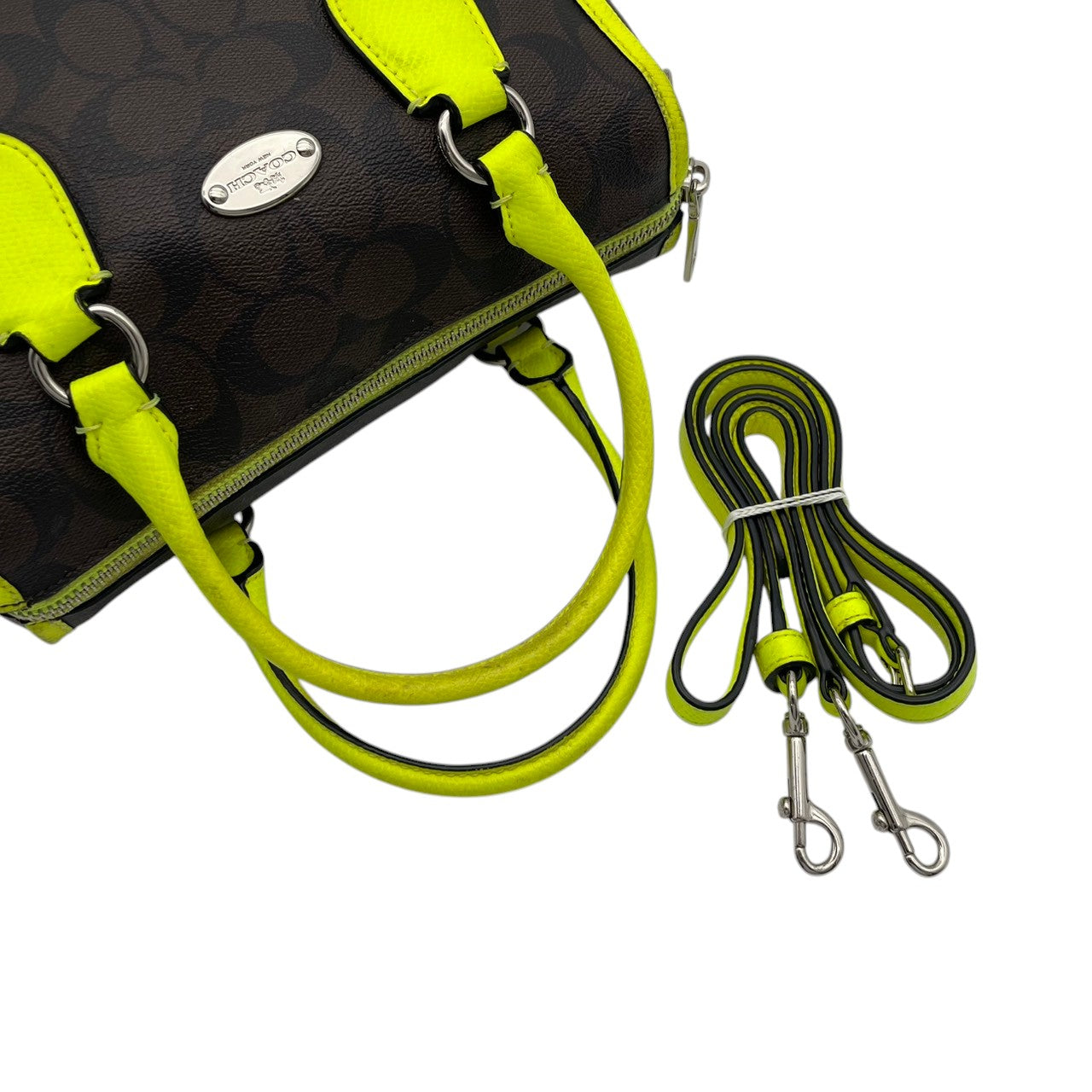 COACH コーチ Mini Bennett ミニベネット サッチェル 2way ハンドバッグ シグネチャー PVC×レザー ブラウン×ネオンイエロー レディース シルバー金具 コンパクト デイリー F34699 s88