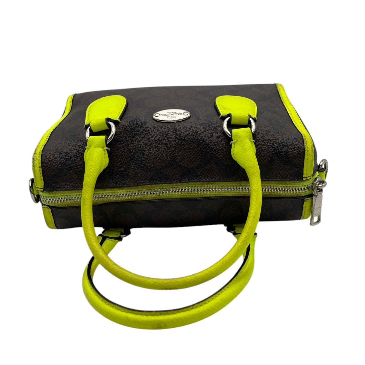 COACH コーチ Mini Bennett ミニベネット サッチェル 2way ハンドバッグ シグネチャー PVC×レザー ブラウン×ネオンイエロー レディース シルバー金具 コンパクト デイリー F34699 s88
