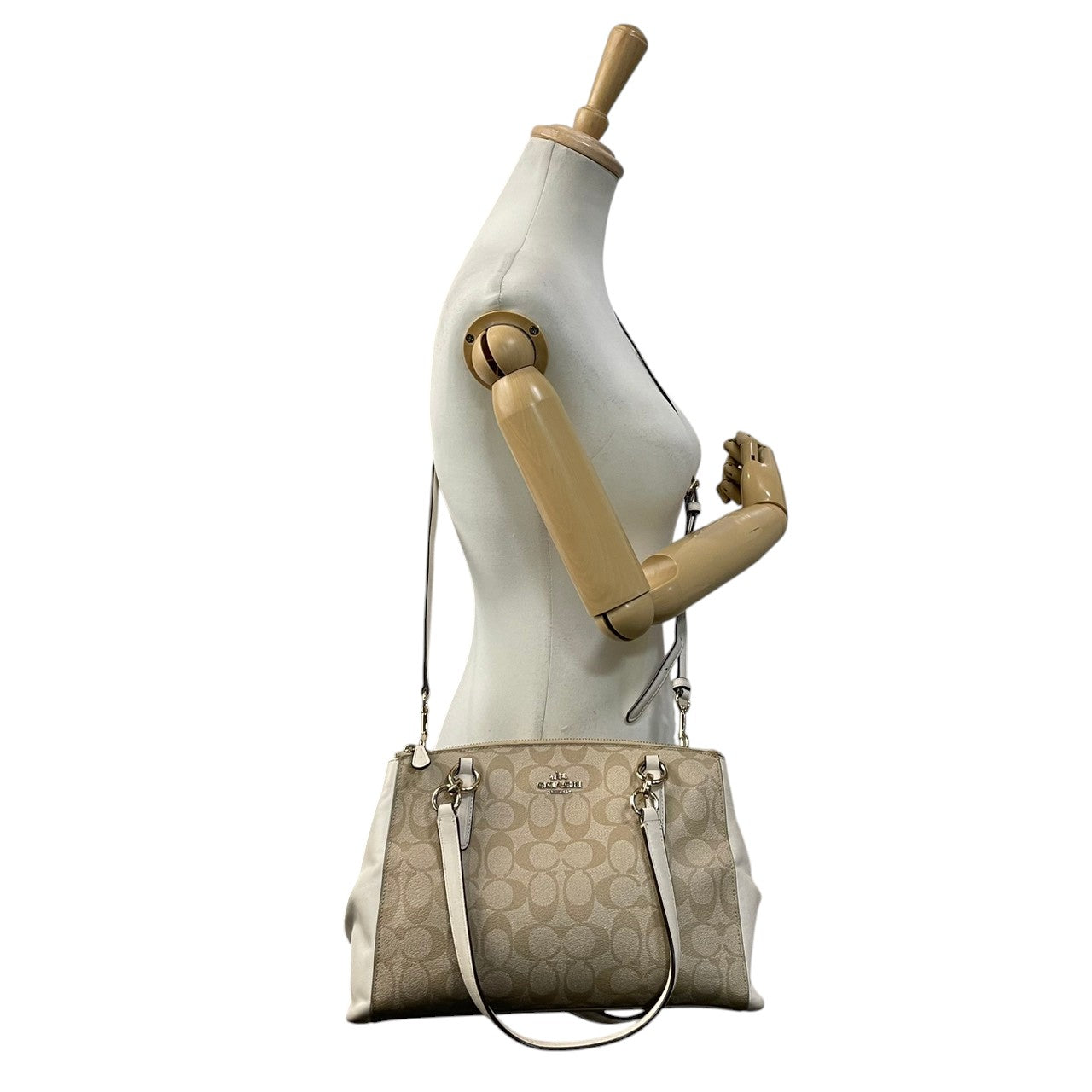美品 COACH コーチ シグネチャー PVC キャンバス レザー 2WAY ショルダーバッグ ハンドバッグ ベージュ アイボリー ゴールド金具 斜め掛け 軽量 上品 通勤 デイリー A4 フィリピン製 F58291 S88