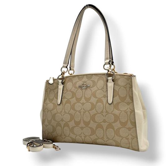 美品 COACH コーチ シグネチャー PVC キャンバス レザー 2WAY ショルダーバッグ ハンドバッグ ベージュ アイボリー ゴールド金具 斜め掛け 軽量 上品 通勤 デイリー A4 フィリピン製 F58291 S88