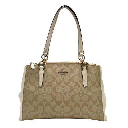 美品 COACH コーチ シグネチャー PVC キャンバス レザー 2WAY ショルダーバッグ ハンドバッグ ベージュ アイボリー ゴールド金具 斜め掛け 軽量 上品 通勤 デイリー A4 フィリピン製 F58291 S88