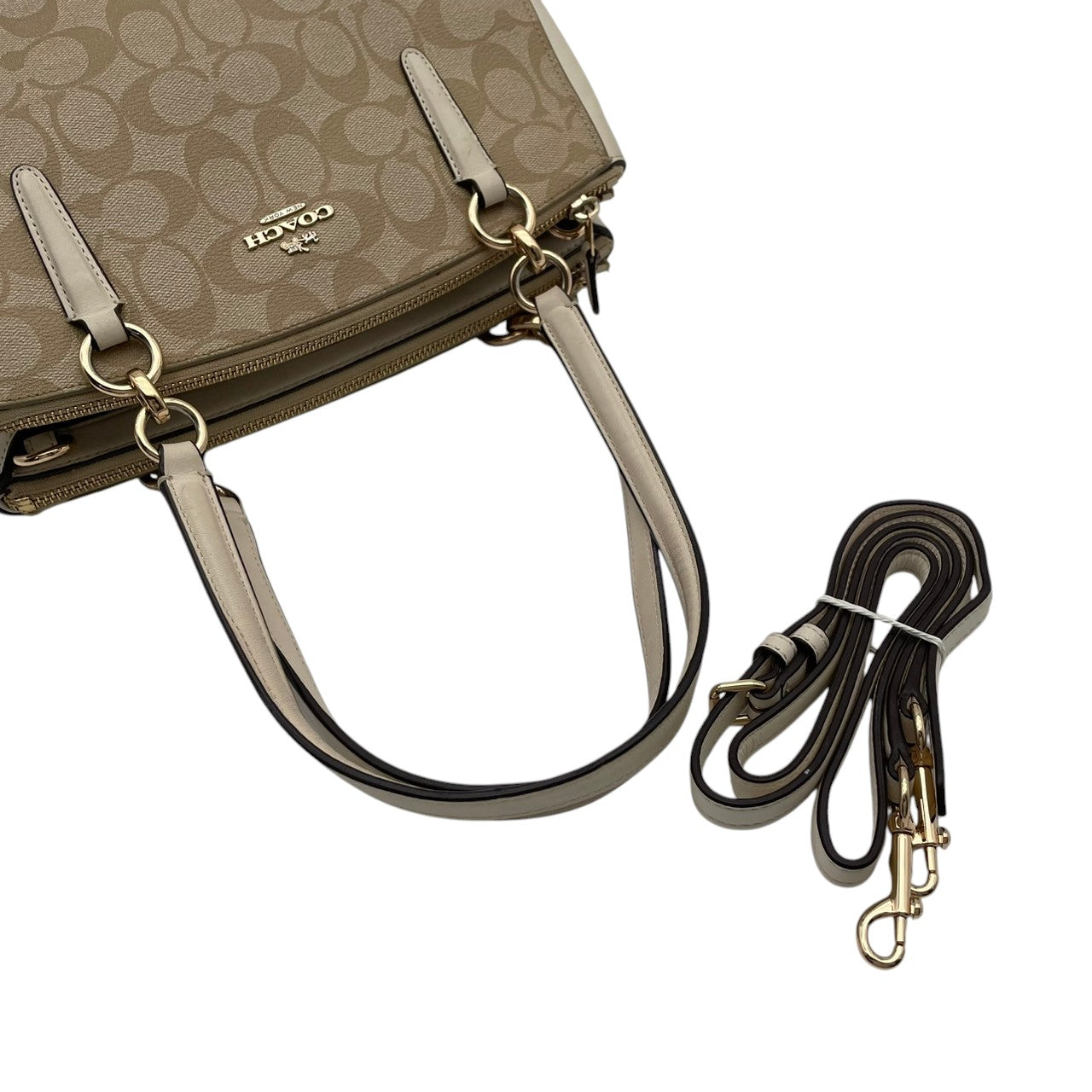 美品 COACH コーチ シグネチャー PVC キャンバス レザー 2WAY ショルダーバッグ ハンドバッグ ベージュ アイボリー ゴールド金具 斜め掛け 軽量 上品 通勤 デイリー A4 フィリピン製 F58291 S88