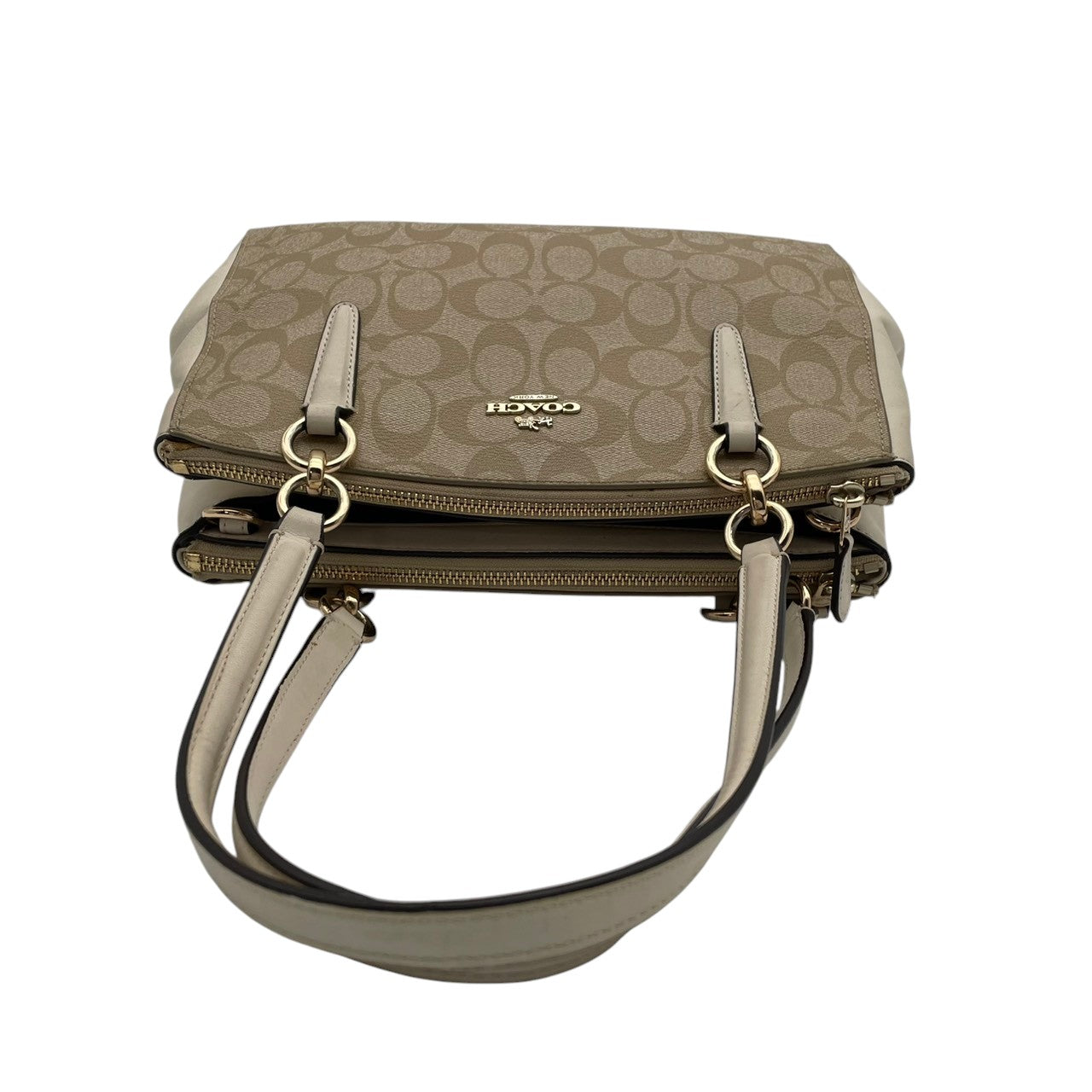 美品 COACH コーチ シグネチャー PVC キャンバス レザー 2WAY ショルダーバッグ ハンドバッグ ベージュ アイボリー ゴールド金具 斜め掛け 軽量 上品 通勤 デイリー A4 フィリピン製 F58291 S88