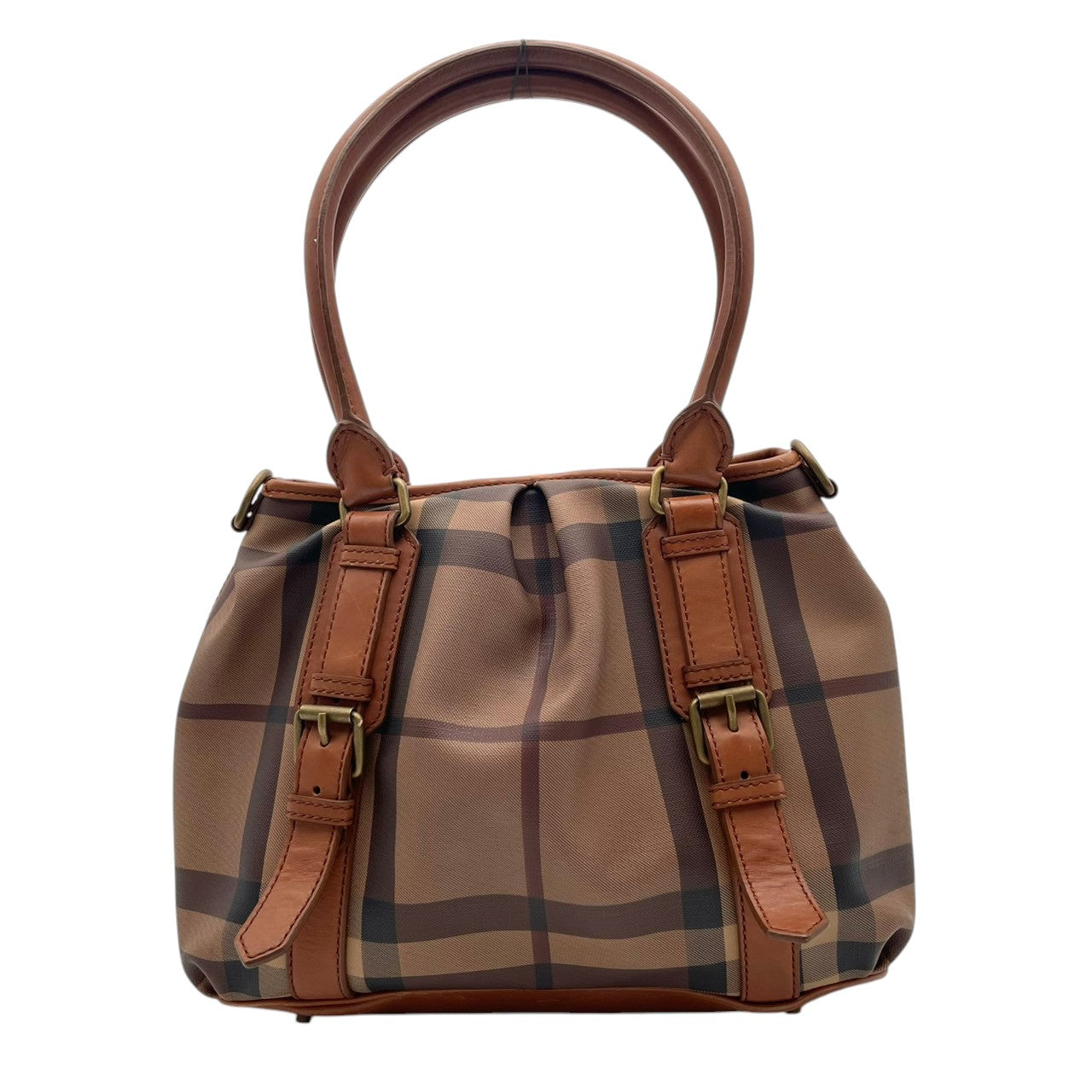 【美品】 バーバリー BURBERRY ハンドバッグ トートバッグ PVC レザー 本革 ブラウン 茶 メガチェック ノバチェック ゴールド金具 肩掛け お出かけ デイリー エレガント 上品 レディース 定番 人気 カバン S92