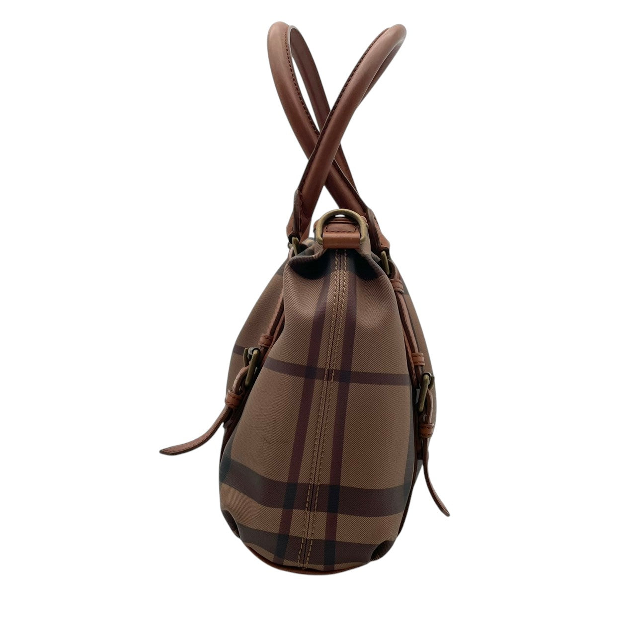 【美品】 バーバリー BURBERRY ハンドバッグ トートバッグ PVC レザー 本革 ブラウン 茶 メガチェック ノバチェック ゴールド金具 肩掛け お出かけ デイリー エレガント 上品 レディース 定番 人気 カバン S92