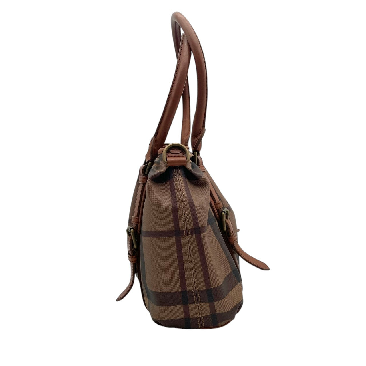 【美品】 バーバリー BURBERRY ハンドバッグ トートバッグ PVC レザー 本革 ブラウン 茶 メガチェック ノバチェック ゴールド金具 肩掛け お出かけ デイリー エレガント 上品 レディース 定番 人気 カバン S92