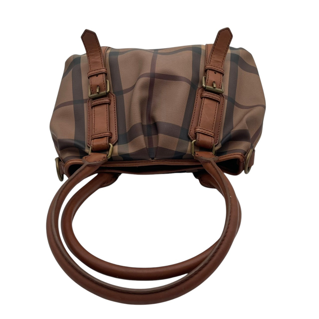 【美品】 バーバリー BURBERRY ハンドバッグ トートバッグ PVC レザー 本革 ブラウン 茶 メガチェック ノバチェック ゴールド金具 肩掛け お出かけ デイリー エレガント 上品 レディース 定番 人気 カバン S92