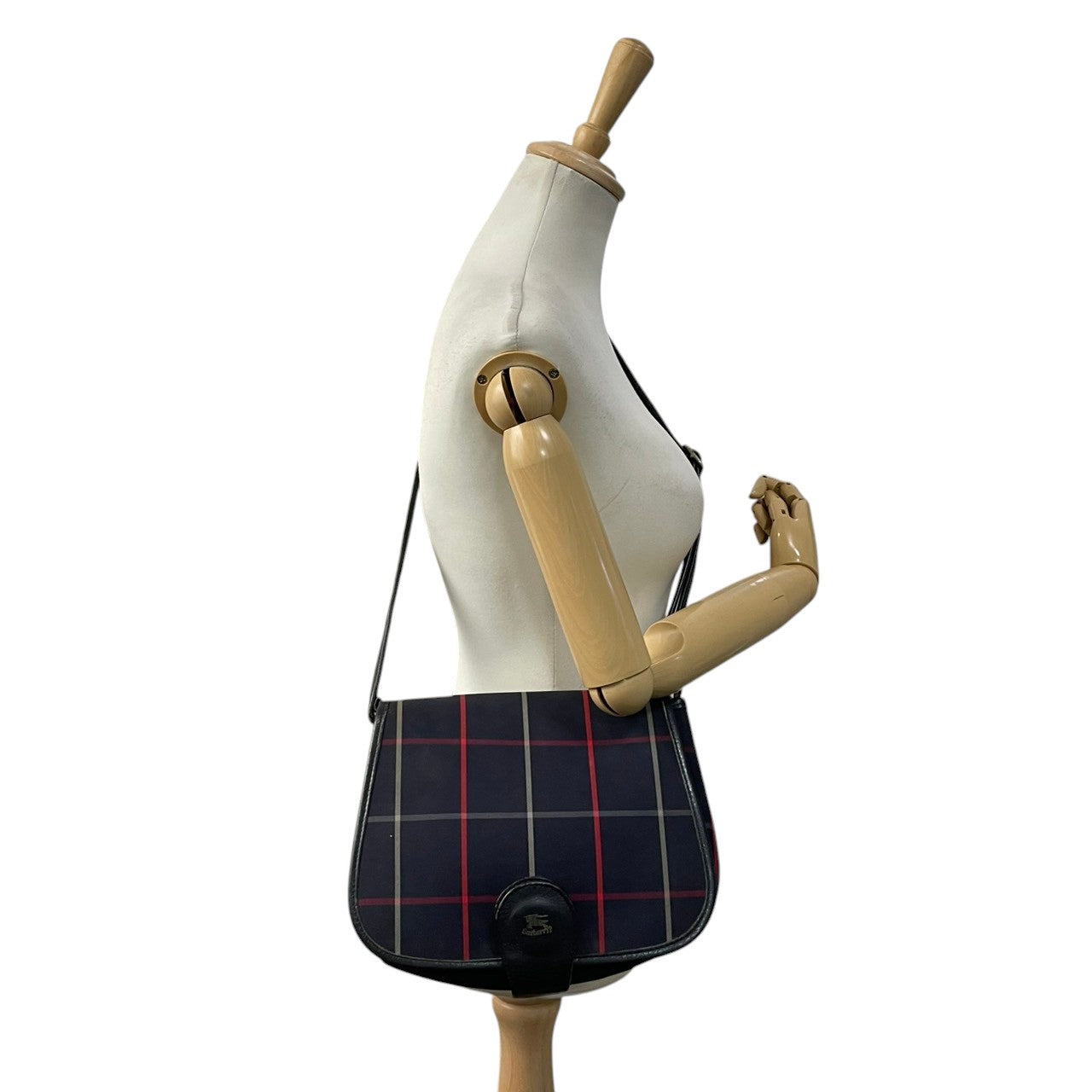 【良品】 バーバリー BURBERRY ショルダーバッグ キャンバス レザー 本革 ネイビー 紺 チェック柄 騎士ロゴ クロスボディ 斜め掛け 軽量 ヴィンテージ オールド エレガント レトロ お出かけ デイリー レディース 定番 人気 鞄 カバン S92