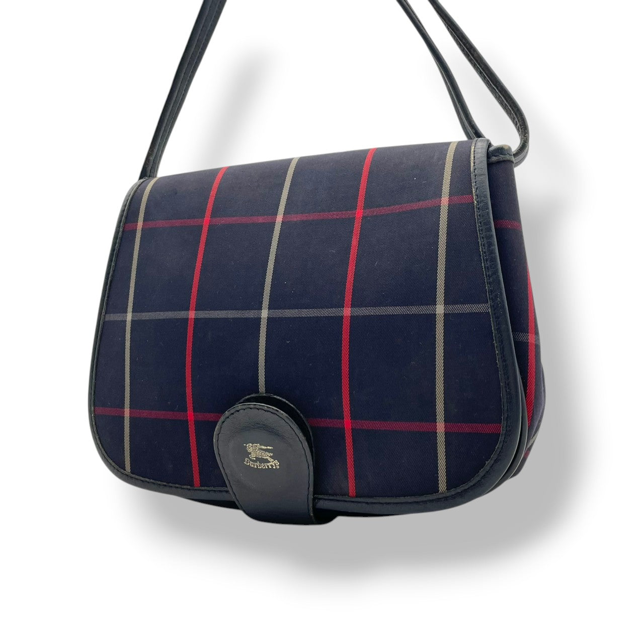 【良品】 バーバリー BURBERRY ショルダーバッグ キャンバス レザー 本革 ネイビー 紺 チェック柄 騎士ロゴ クロスボディ 斜め掛け 軽量 ヴィンテージ オールド エレガント レトロ お出かけ デイリー レディース 定番 人気 鞄 カバン S92