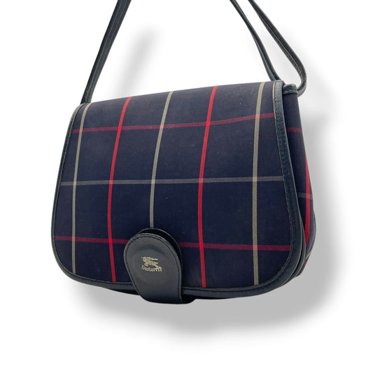 【良品】 バーバリー BURBERRY ショルダーバッグ キャンバス レザー 本革 ネイビー 紺 チェック柄 騎士ロゴ クロスボディ 斜め掛け 軽量 ヴィンテージ オールド エレガント レトロ お出かけ デイリー レディース 定番 人気 鞄 カバン S92