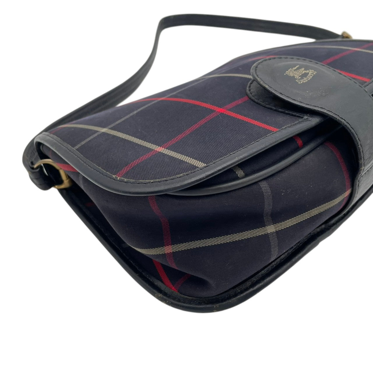 【良品】 バーバリー BURBERRY ショルダーバッグ キャンバス レザー 本革 ネイビー 紺 チェック柄 騎士ロゴ クロスボディ 斜め掛け 軽量 ヴィンテージ オールド エレガント レトロ お出かけ デイリー レディース 定番 人気 鞄 カバン S92