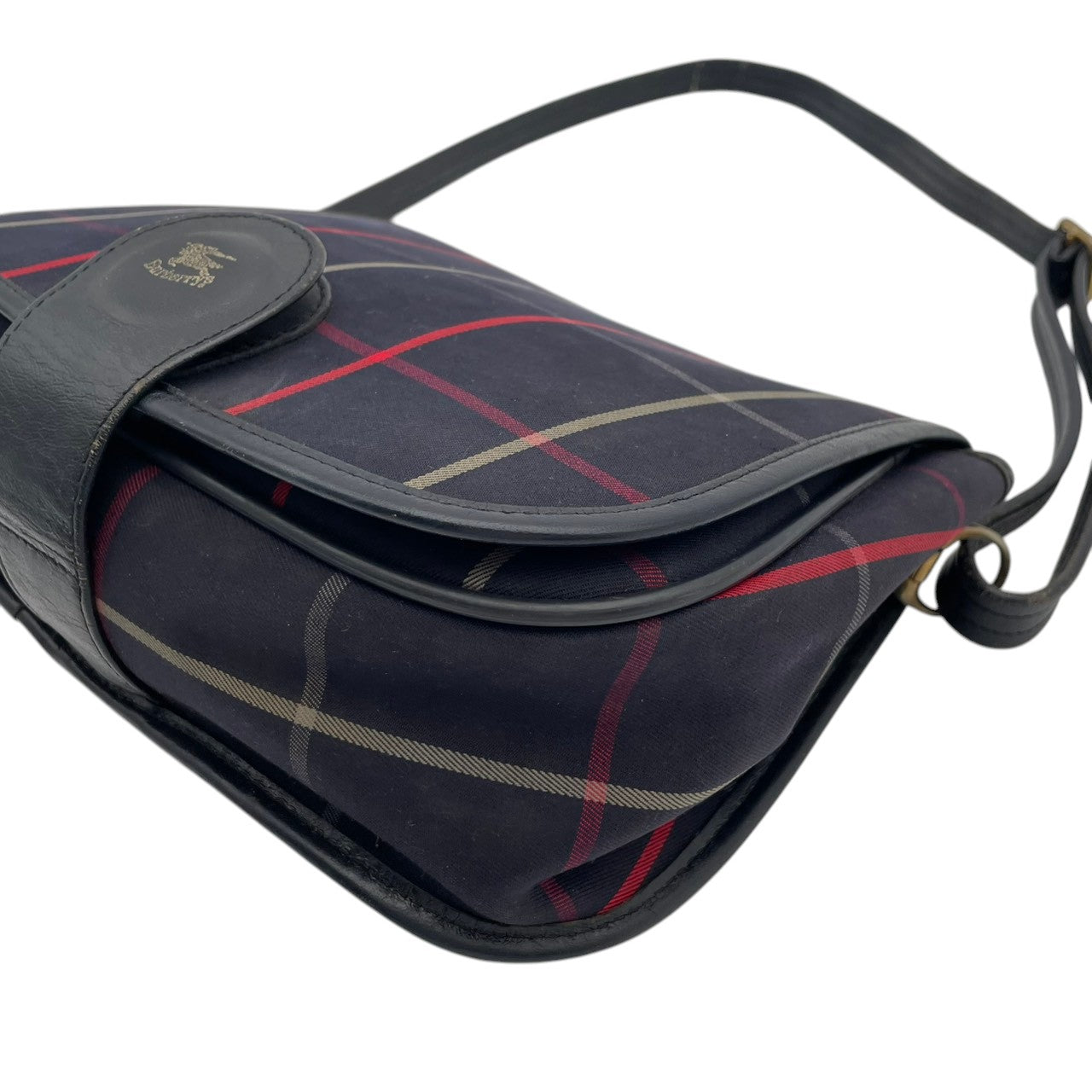 【良品】 バーバリー BURBERRY ショルダーバッグ キャンバス レザー 本革 ネイビー 紺 チェック柄 騎士ロゴ クロスボディ 斜め掛け 軽量 ヴィンテージ オールド エレガント レトロ お出かけ デイリー レディース 定番 人気 鞄 カバン S92