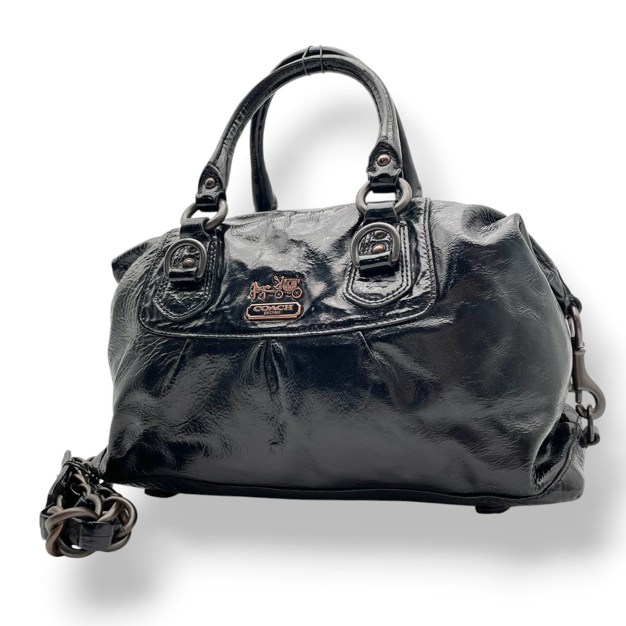 【美品】コーチ COACH マディソン パテント サブリナ ハンドバッグ 2WAY ショルダーバッグ 黒 ブラック エナメル レザー ターンロック ゴールド金具 大容量 肩掛け 斜め掛け エレガント 上品 通勤 通学 デイリー お出かけ レディース S81