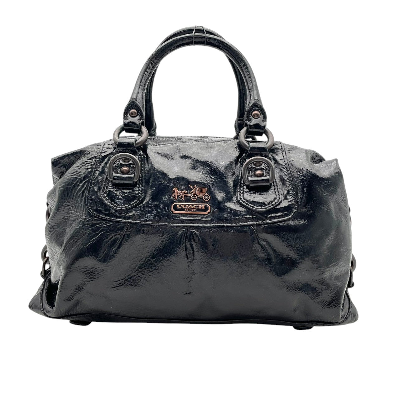 【美品】コーチ COACH マディソン パテント サブリナ ハンドバッグ 2WAY ショルダーバッグ 黒 ブラック エナメル レザー ターンロック ゴールド金具 大容量 肩掛け 斜め掛け エレガント 上品 通勤 通学 デイリー お出かけ レディース S81