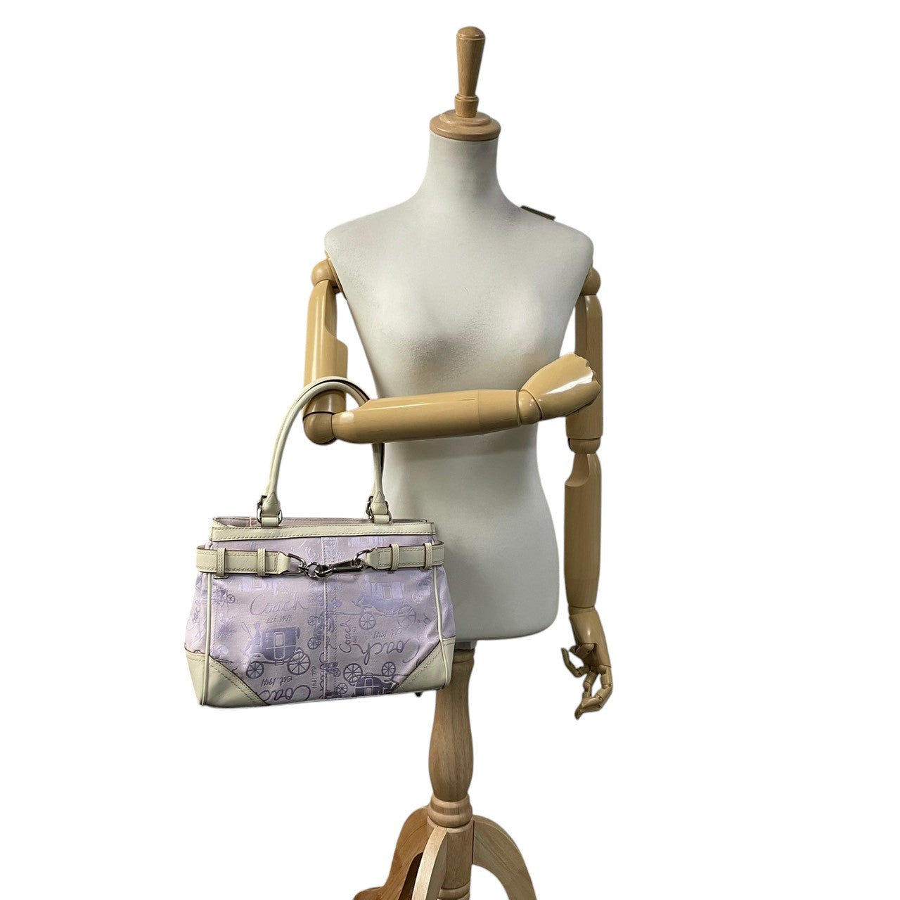 【美品】 コーチ COACH F14444 ホースアンドキャリッジ キャンバス レザー ライトパープル アイボリー ハンドバッグ トートバッグ 手提げ 肩掛け 普段使い デイリー お出かけ エレガント カジュアル 上品 レディース 定番 人気 鞄 S82
