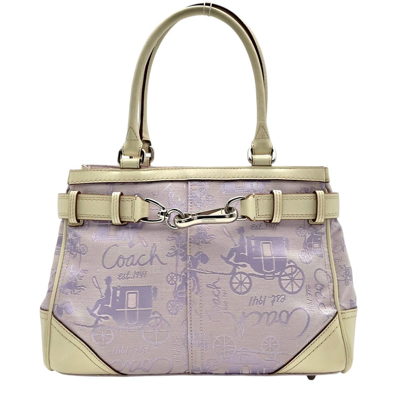 【美品】 コーチ COACH F14444 ホースアンドキャリッジ キャンバス レザー ライトパープル アイボリー ハンドバッグ トートバッグ 手提げ 肩掛け 普段使い デイリー お出かけ エレガント カジュアル 上品 レディース 定番 人気 鞄 S82