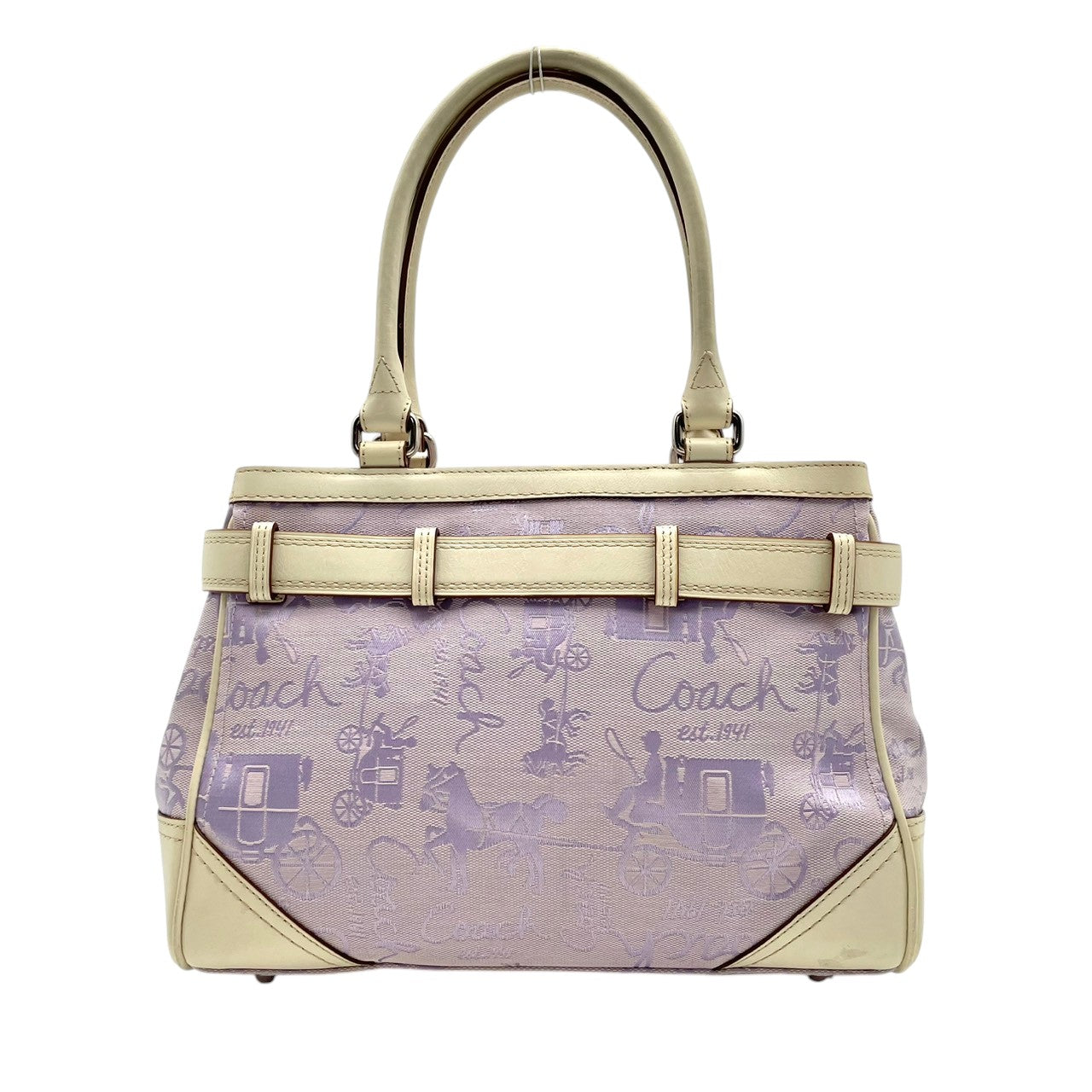 【美品】 コーチ COACH F14444 ホースアンドキャリッジ キャンバス レザー ライトパープル アイボリー ハンドバッグ トートバッグ 手提げ 肩掛け 普段使い デイリー お出かけ エレガント カジュアル 上品 レディース 定番 人気 鞄 S82
