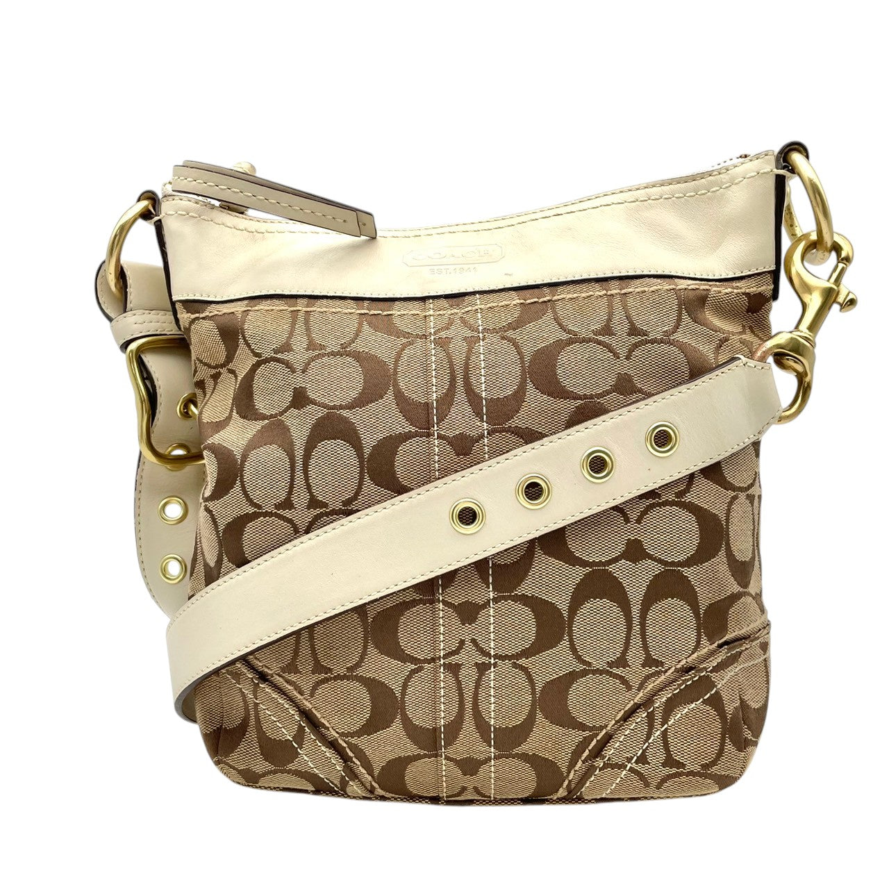 【良品】 コーチ COACH 10402 シグネチャー ショルダーバッグ キャンバス レザー ベージュ アイボリー クロスボディ 斜め掛け 肩掛け デイリー お出かけ エレガント カジュアル レディース 定番 人気 カバン 鞄 S82