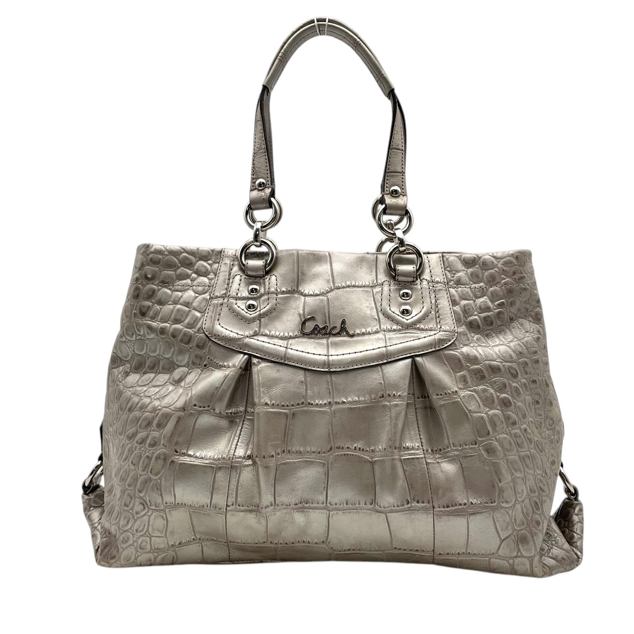【良品】COACH コーチ アシュレイ エンボスド キャリーオール トートバッグ ハンドバッグ レザー シルバー 肩掛け 通勤 通学 大容量 エレガント レディース カジュアル フォーマル お出かけ デイリー 鞄 F20345 S20