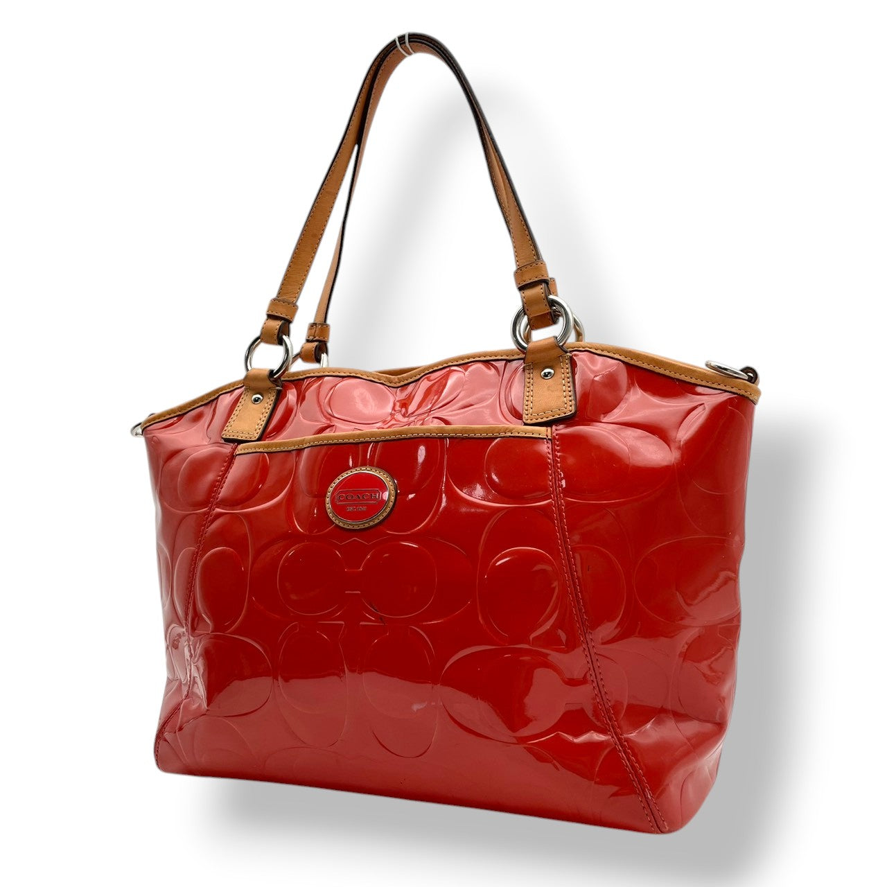 【良品】COACH コーチ ペイトン エンボスド パテント トートバッグ ハンドバッグ エナメル レザー オレンジ 肩掛け 通勤 通学 大容量 エレガント レディース カジュアル フォーマル お出かけ デイリー 鞄 上品 F20028 S58