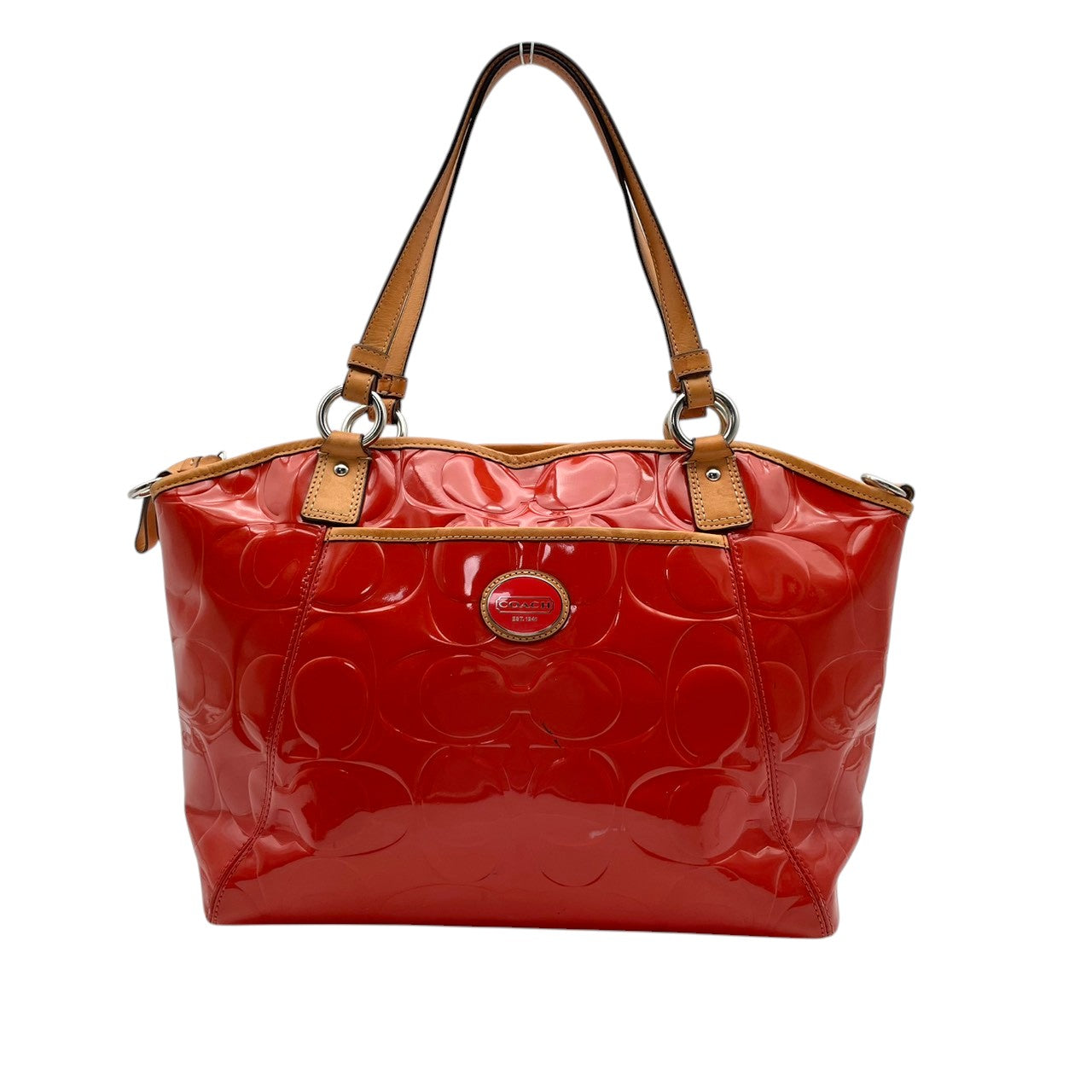 【良品】COACH コーチ ペイトン エンボスド パテント トートバッグ ハンドバッグ エナメル レザー オレンジ 肩掛け 通勤 通学 大容量 エレガント レディース カジュアル フォーマル お出かけ デイリー 鞄 上品 F20028 S58