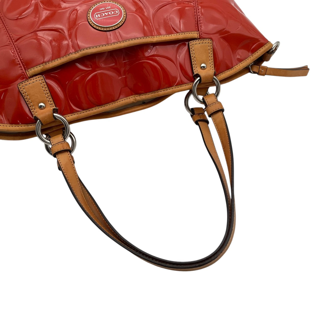 【良品】COACH コーチ ペイトン エンボスド パテント トートバッグ ハンドバッグ エナメル レザー オレンジ 肩掛け 通勤 通学 大容量 エレガント レディース カジュアル フォーマル お出かけ デイリー 鞄 上品 F20028 S58