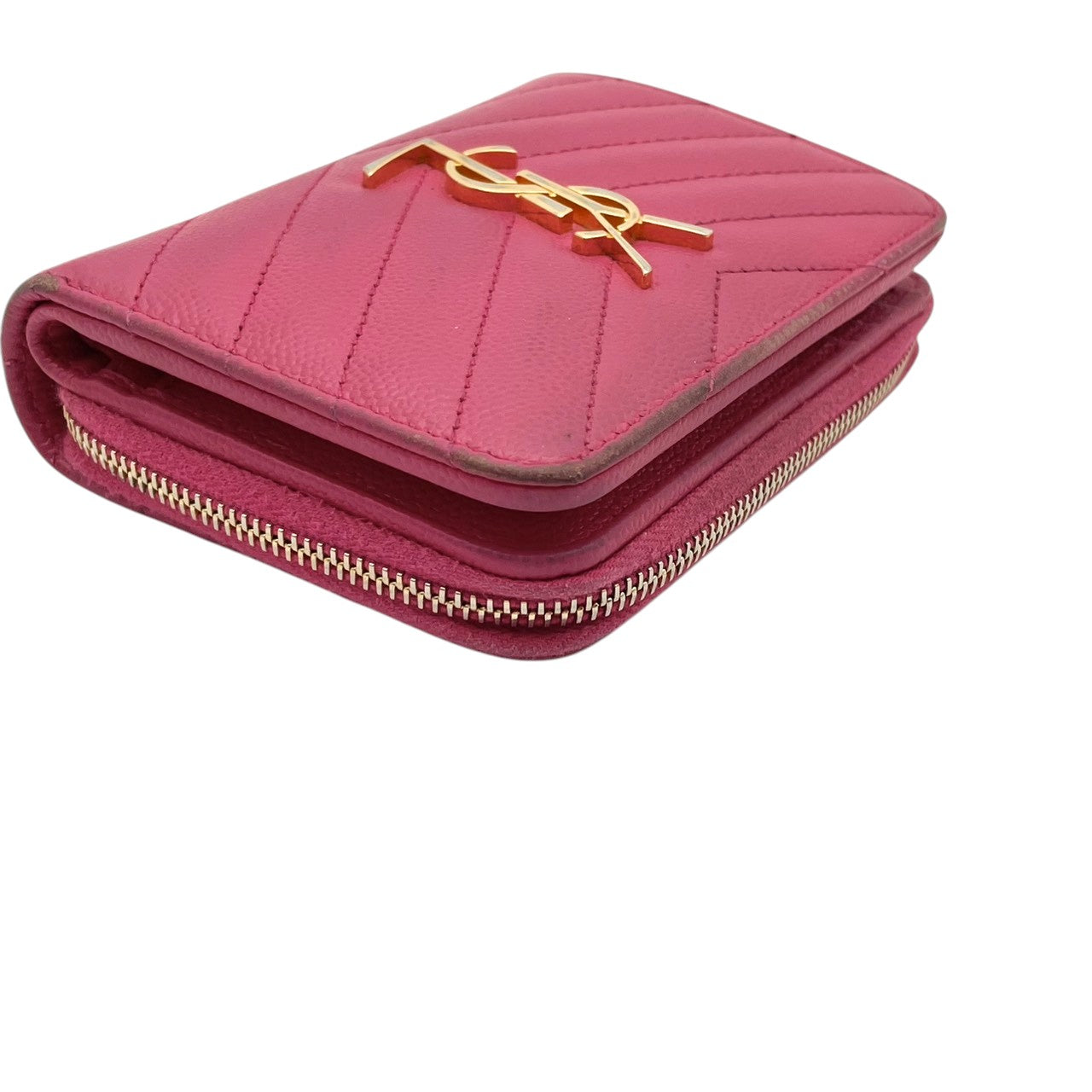 【良品】サンローラン モノグラム コンパクト ジップウォレット 二つ折り財布 ピンク レザー キルティング YSL ロゴ 金具 ミニ財布 レディース 人気 定番 シンプル 可愛い おしゃれ 大人可愛い プレゼント ブランド財布 収納力 小銭入れ 丈夫 M3