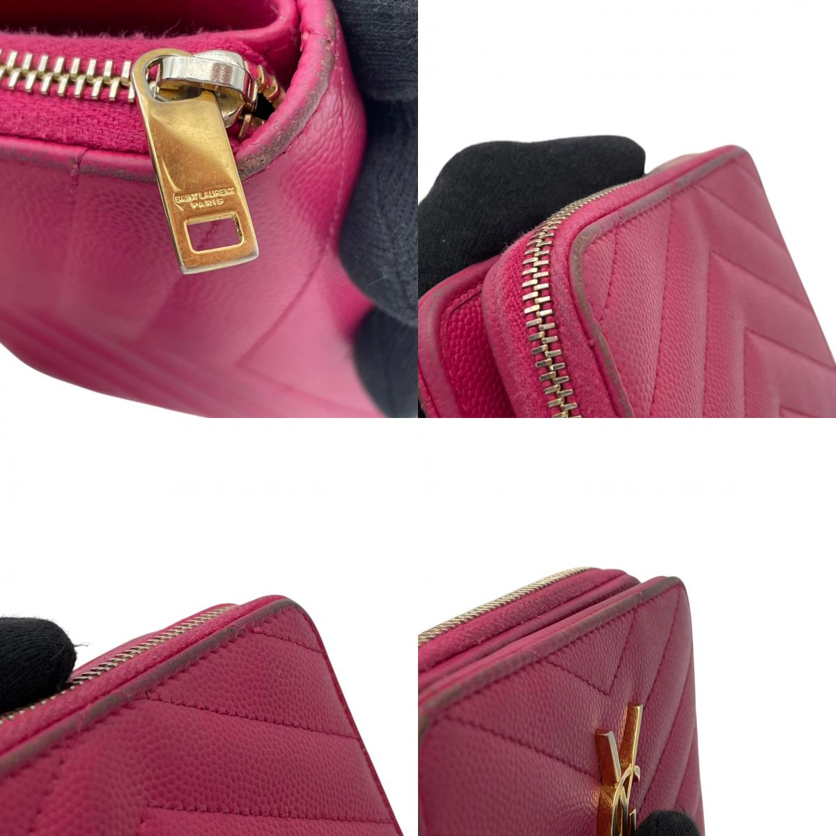 【良品】サンローラン モノグラム コンパクト ジップウォレット 二つ折り財布 ピンク レザー キルティング YSL ロゴ 金具 ミニ財布 レディース 人気 定番 シンプル 可愛い おしゃれ 大人可愛い プレゼント ブランド財布 収納力 小銭入れ 丈夫 M3