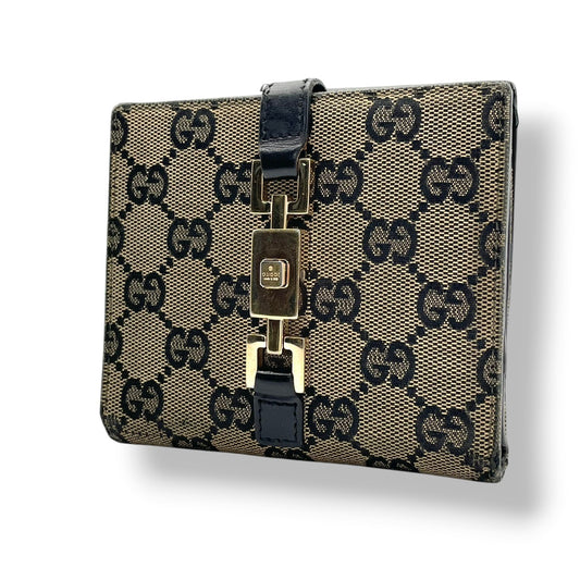 【良品】グッチ ジャッキー GGキャンバス 二つ折り財布 コンパクトウォレット ベージュ ブラック レザー レディース 人気 定番 ブランド ビジネス カジュアル 上品 エレガント 高級感 普段使い お出かけ 旅行 ギフト プレゼント 希少 W3