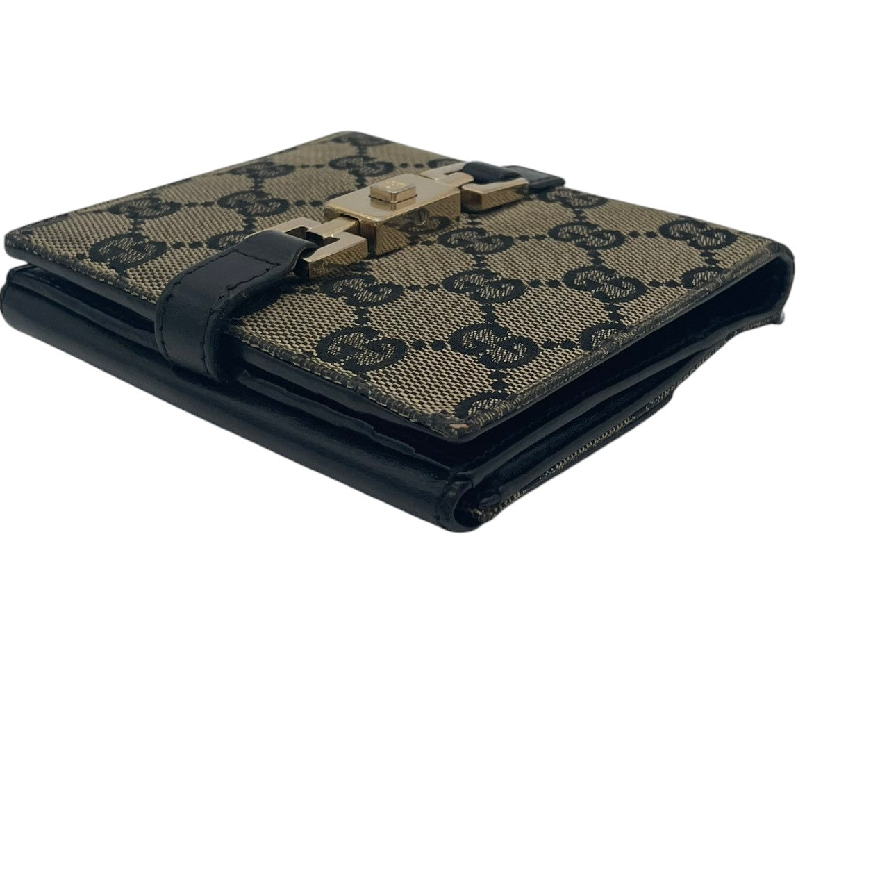 【良品】グッチ ジャッキー GGキャンバス 二つ折り財布 コンパクトウォレット ベージュ ブラック レザー レディース 人気 定番 ブランド ビジネス カジュアル 上品 エレガント 高級感 普段使い お出かけ 旅行 ギフト プレゼント 希少 W3