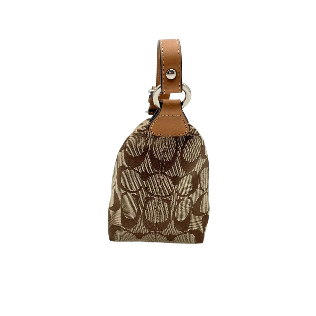 【美品】コーチ バッグ シグネチャー ミニバッグ アクセサリーポーチ ハンドバッグ 手提げ キャンバス 本革 レザー ベージュ ライトブラウン 茶系 シルバー金具 クラシック エレガント スタイリッシュ カジュアル 上品 お出かけ デイリー S96