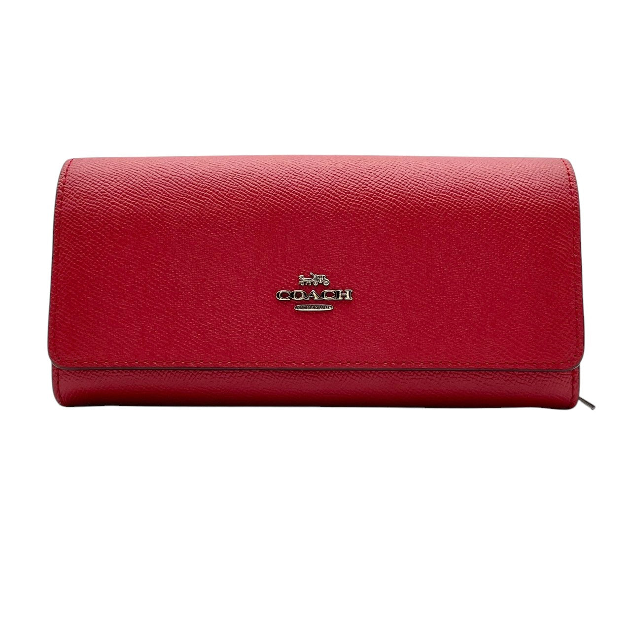 【美品】コーチ 財布 クロスグレインレザー フラップ長財布 ロングウォレット ボタン式 本革 ローズレッド レッド 赤系 ゴールド金具 エレガント クラシック スタイリッシュ カジュアル 上品 普段使い 収納力抜群 レディース 大人気 定番 ギフト M4