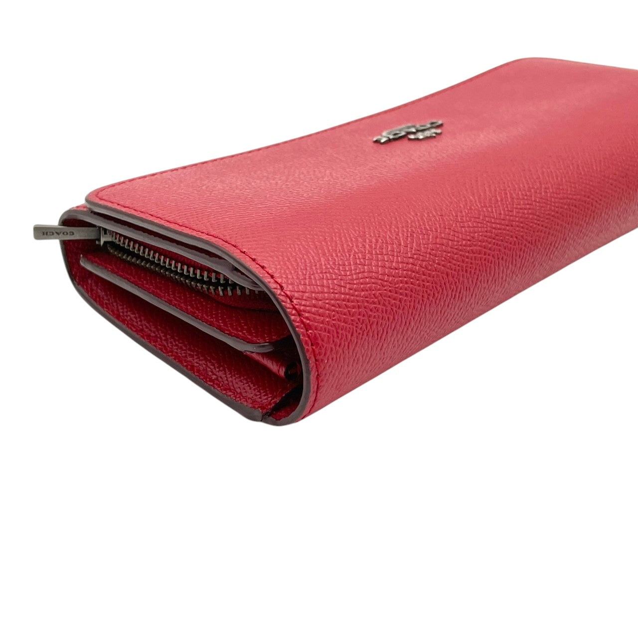【美品】コーチ 財布 クロスグレインレザー フラップ長財布 ロングウォレット ボタン式 本革 ローズレッド レッド 赤系 ゴールド金具 エレガント クラシック スタイリッシュ カジュアル 上品 普段使い 収納力抜群 レディース 大人気 定番 ギフト M4