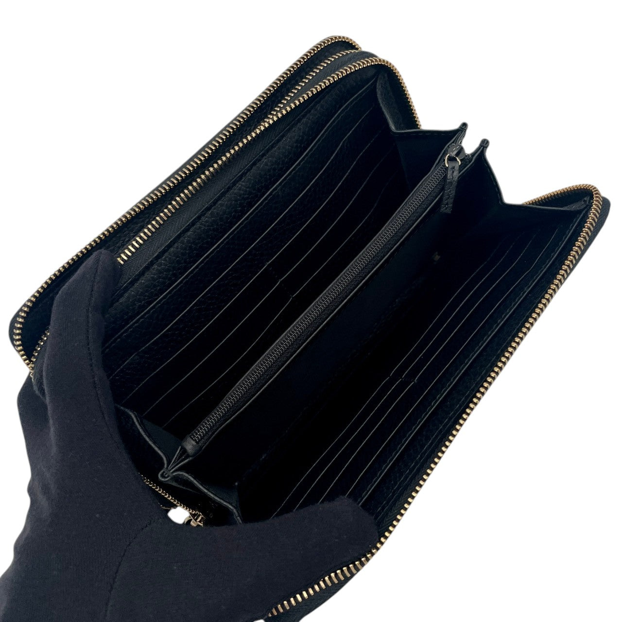 【極美品】グッチ 財布 スウィング トラベルケース 二つ折り長財布 ロングウォレット ダブルファスナー ラウンドファスナー 本革 レザー ブラック 黒 ゴールド金具 クラシック エレガント スタイリッシュ シンプル 上品 ビジネス 大容量 W1