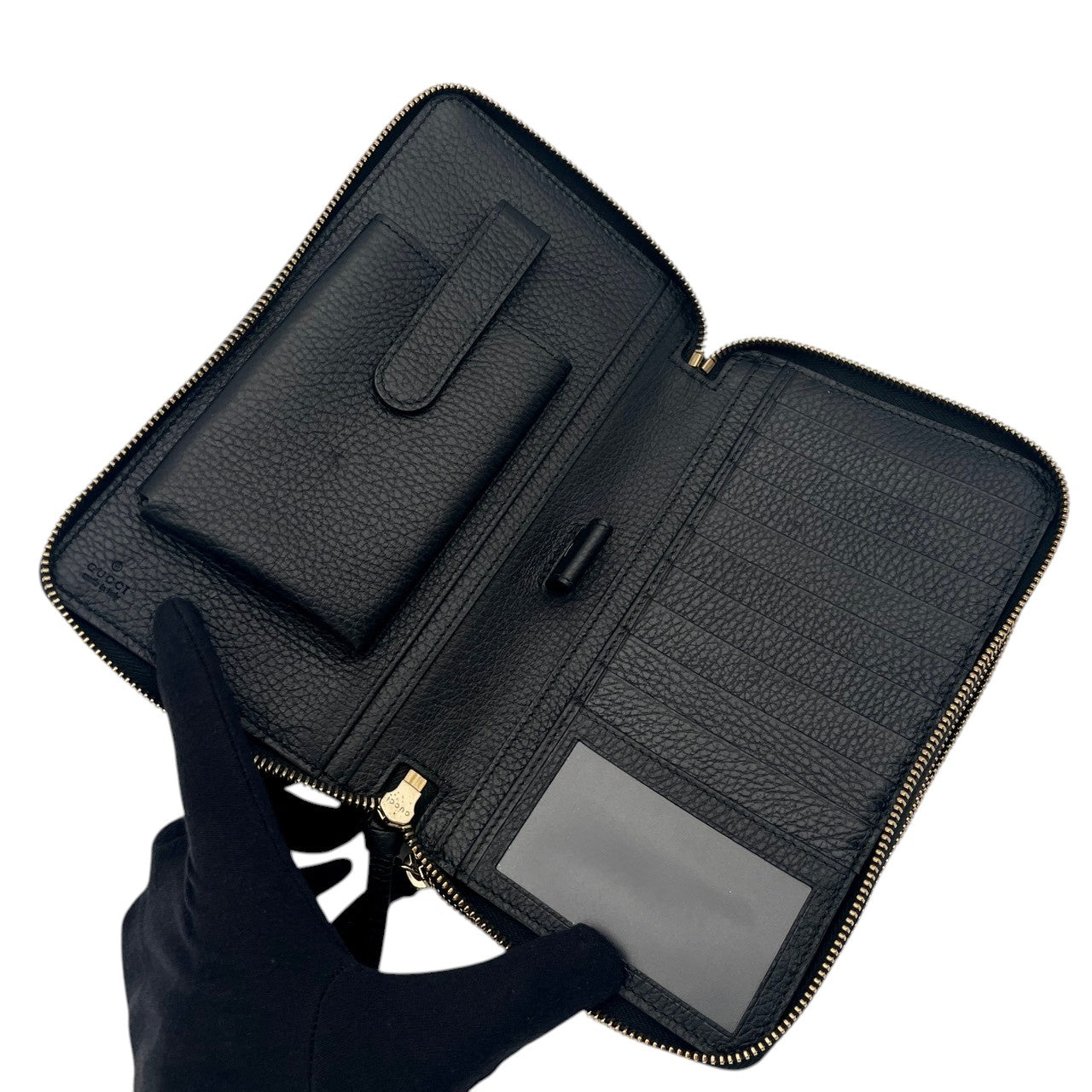 【極美品】グッチ 財布 スウィング トラベルケース 二つ折り長財布 ロングウォレット ダブルファスナー ラウンドファスナー 本革 レザー ブラック 黒 ゴールド金具 クラシック エレガント スタイリッシュ シンプル 上品 ビジネス 大容量 W1