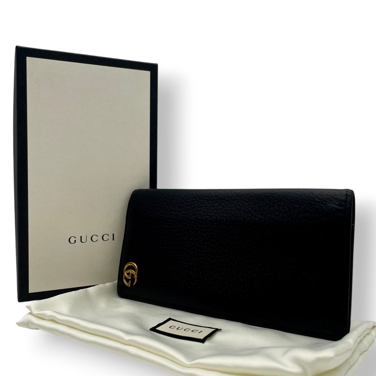 【美品】グッチ 財布 GGマーモント 二つ折り長財布 札入れ ロングウォレット 本革 レザー ブラック 黒 ゴールド金具 インターロッキングG クラシック エレガント スタイリッシュ シンプル 上品 ミニマル ビジネス メンズ レディース 定番 人気 W1