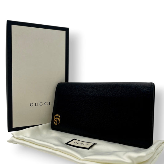 【美品】グッチ 財布 GGマーモント 二つ折り長財布 札入れ ロングウォレット 本革 レザー ブラック 黒 ゴールド金具 インターロッキングG クラシック エレガント スタイリッシュ シンプル 上品 ミニマル ビジネス メンズ レディース 定番 人気 W1