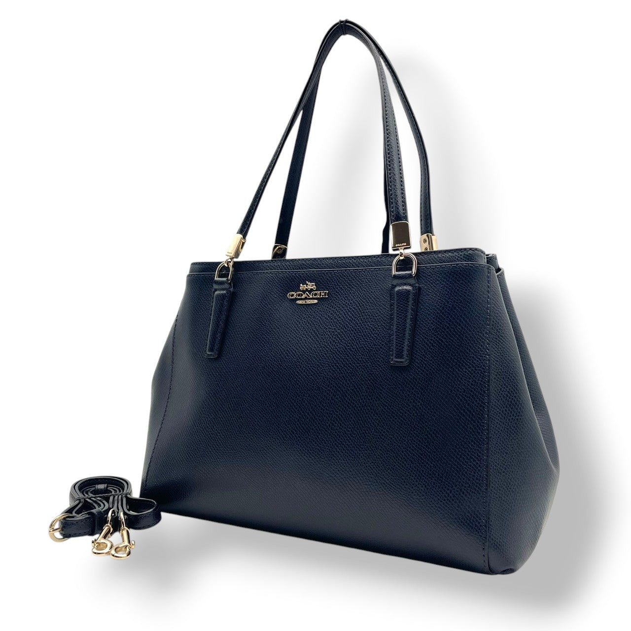 【美品】 COACH コーチ バッグ ラグジュアリー クロスグレーン レザー クリスティー キャリーオール トートバッグ ハンドバッグ ショルダーバッグ 手提げ 肩掛け 斜め掛け 本革 ネイビー 紺色 ゴールド金具 通勤 通学 レディース 人気 S54
