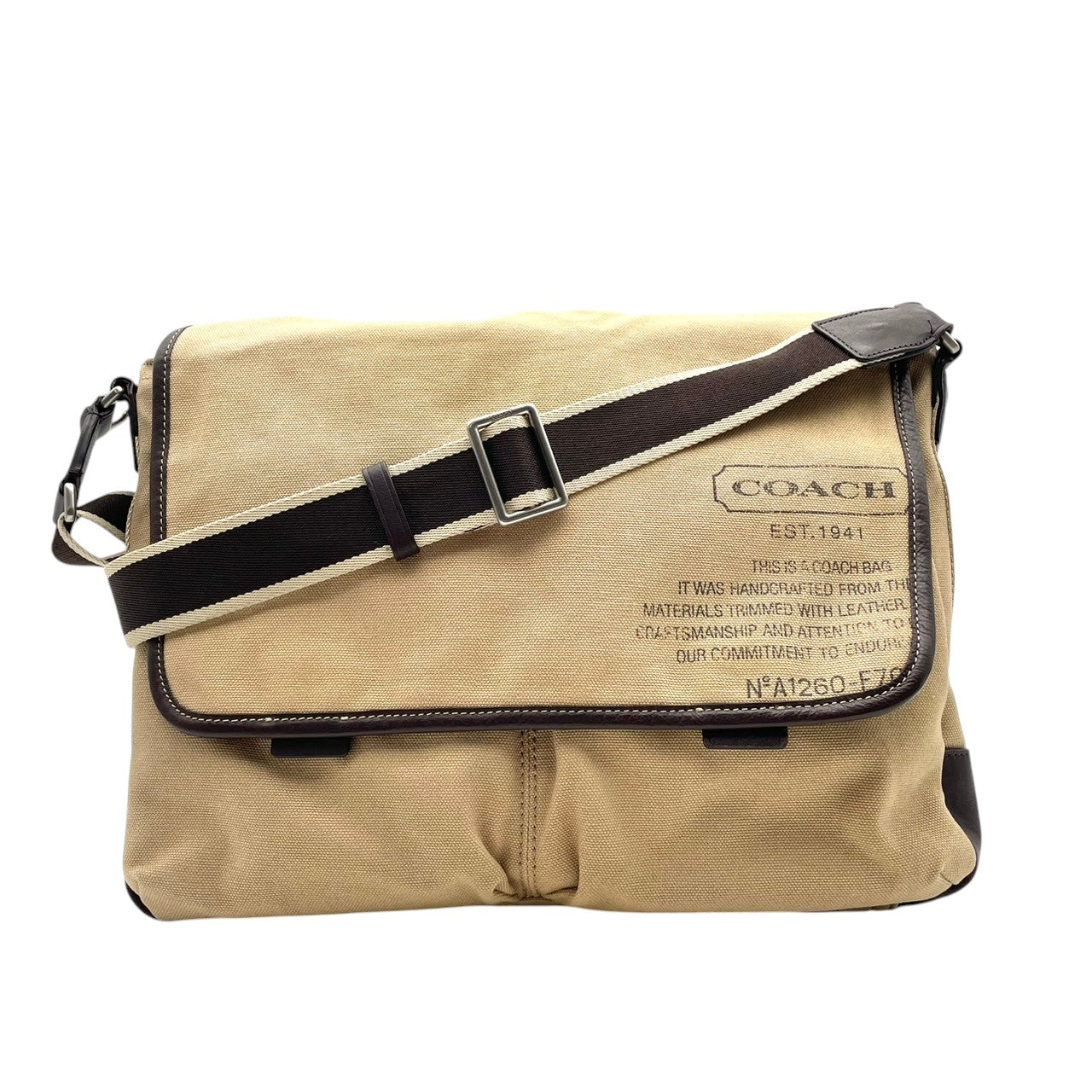 【美品】 COACH コーチ バッグ ヘリテージ キャンバス メッセンジャーバッグ ショルダーバッグ 斜め掛け 肩掛け クロスボディ 本革 レザー ベージュ ブラウン 茶系 シルバー金具 ビジネス 通勤 通学 S54