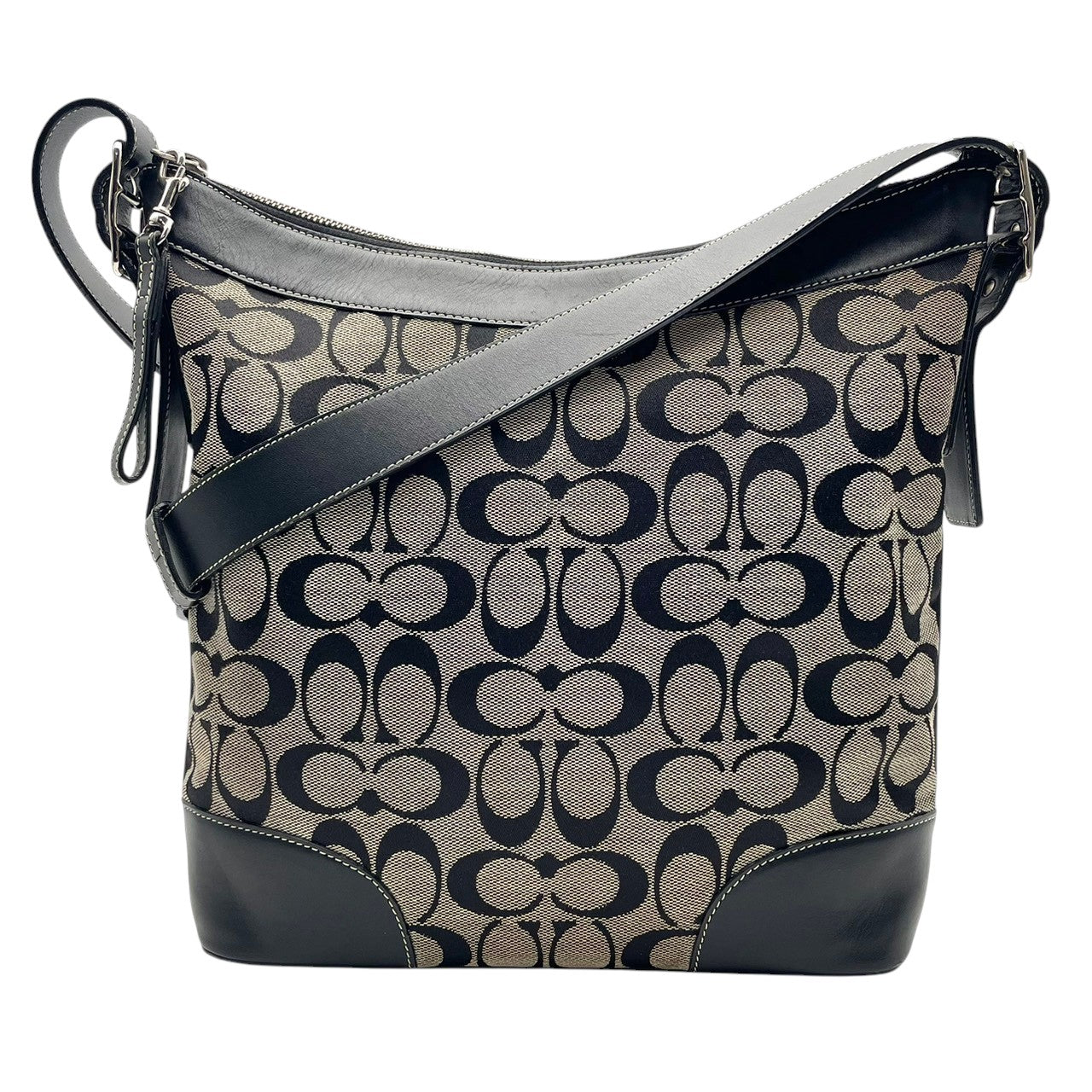 【美品】 COACH コーチ バッグ シグネチャー ショルダーバッグ 斜め掛け 肩掛け ポシェット クロスボディ キャンバス 本革 レザー グレー ブラック 黒 シルバー金具 カジュアル デイリー ユース レディース 人気 S54