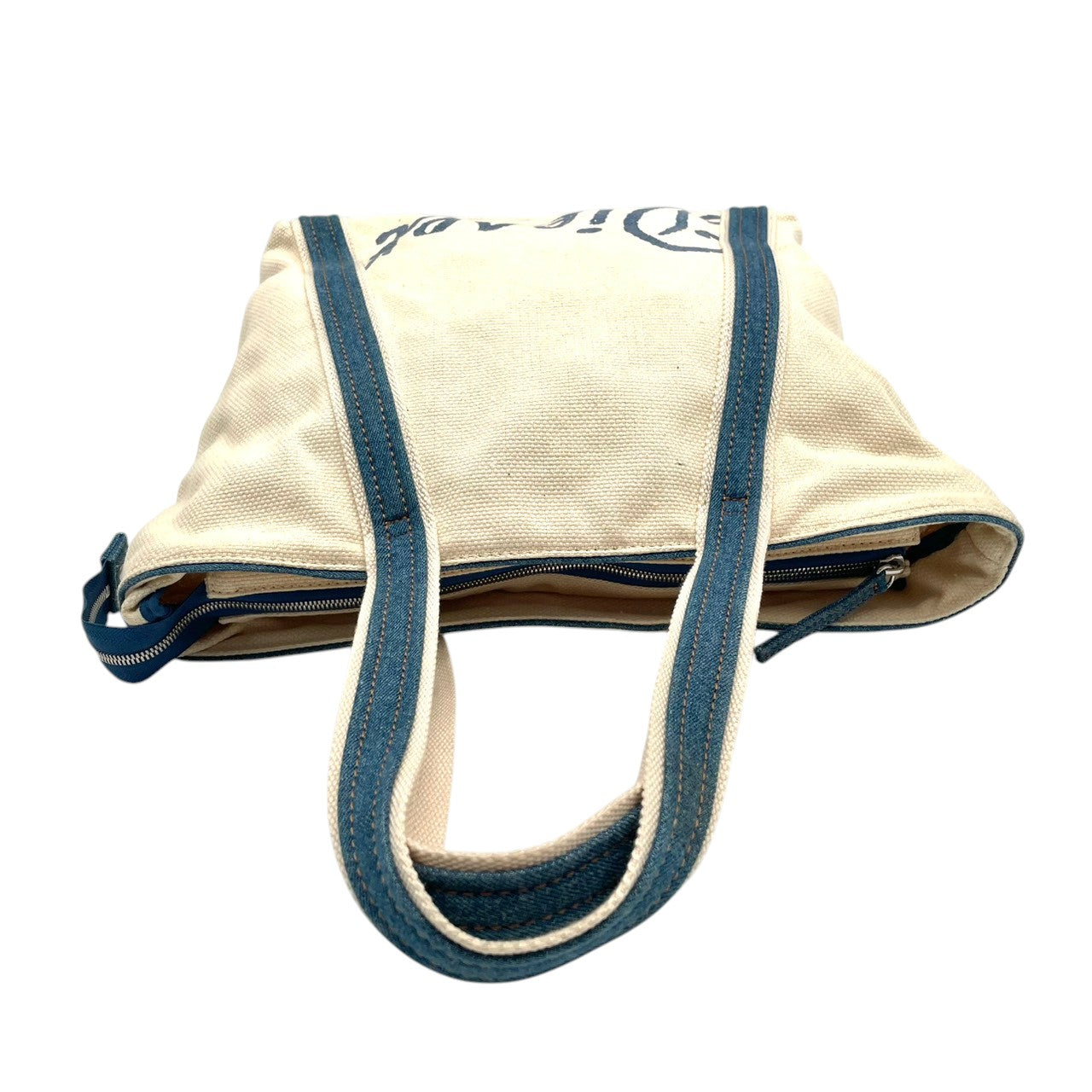 【美品】ディーゼル バッグ キャンバス トートバッグ ハンドバッグ 手提げ 肩掛け ロゴ刺しゅう コットン アイボリー 生成り ブルー 青 シルバー金具 エレガント スタイリッシュ カジュアル デイリー レディース 人気 定番 鞄 S64