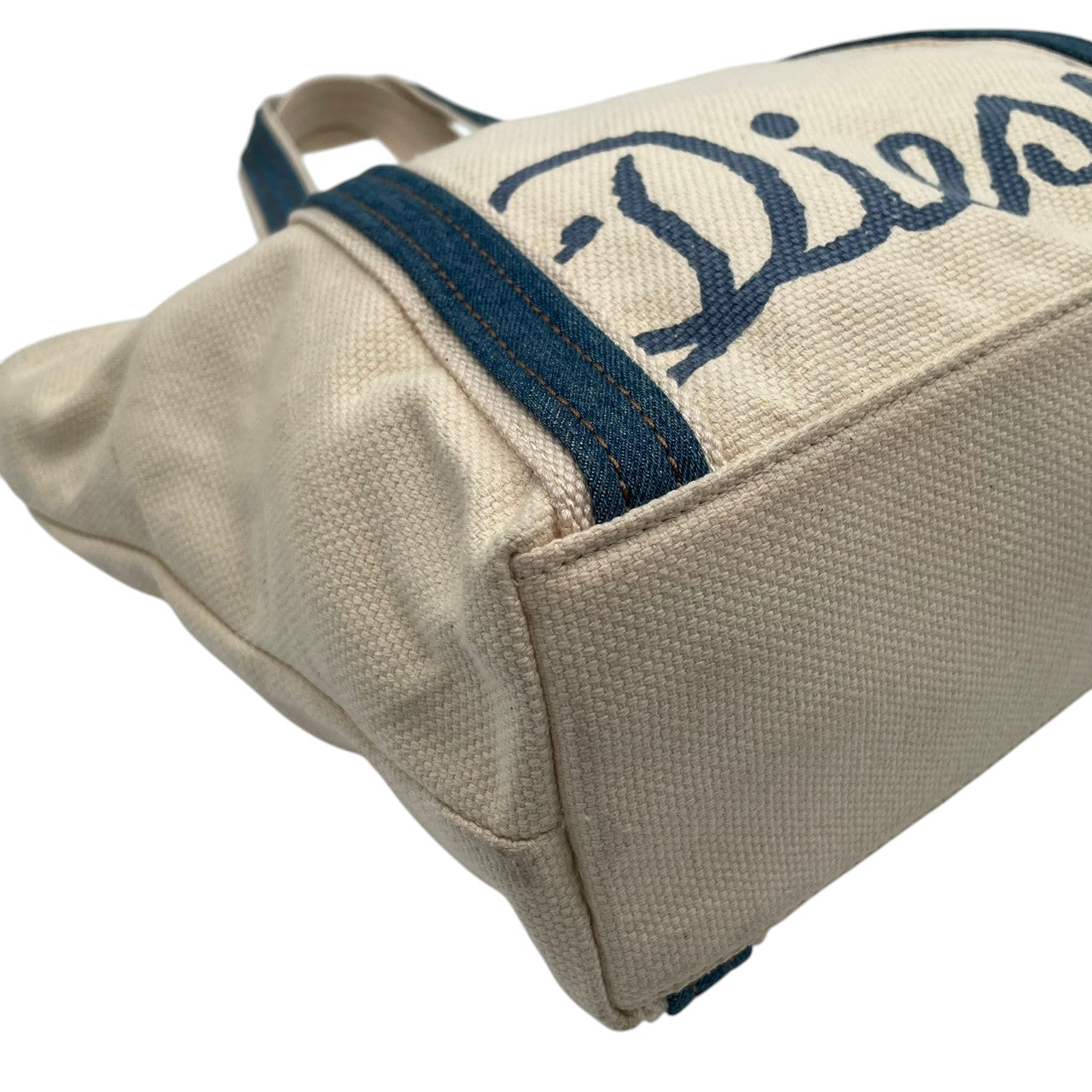 【美品】ディーゼル バッグ キャンバス トートバッグ ハンドバッグ 手提げ 肩掛け ロゴ刺しゅう コットン アイボリー 生成り ブルー 青 シルバー金具 エレガント スタイリッシュ カジュアル デイリー レディース 人気 定番 鞄 S64