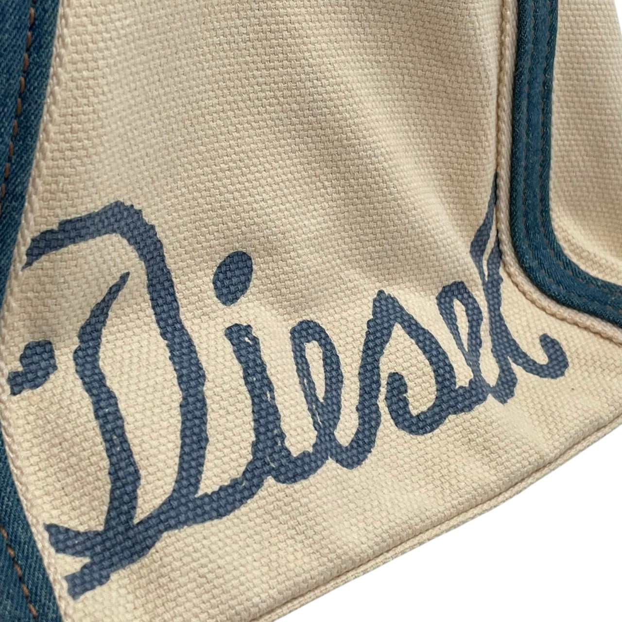 【美品】ディーゼル バッグ キャンバス トートバッグ ハンドバッグ 手提げ 肩掛け ロゴ刺しゅう コットン アイボリー 生成り ブルー 青 シルバー金具 エレガント スタイリッシュ カジュアル デイリー レディース 人気 定番 鞄 S64