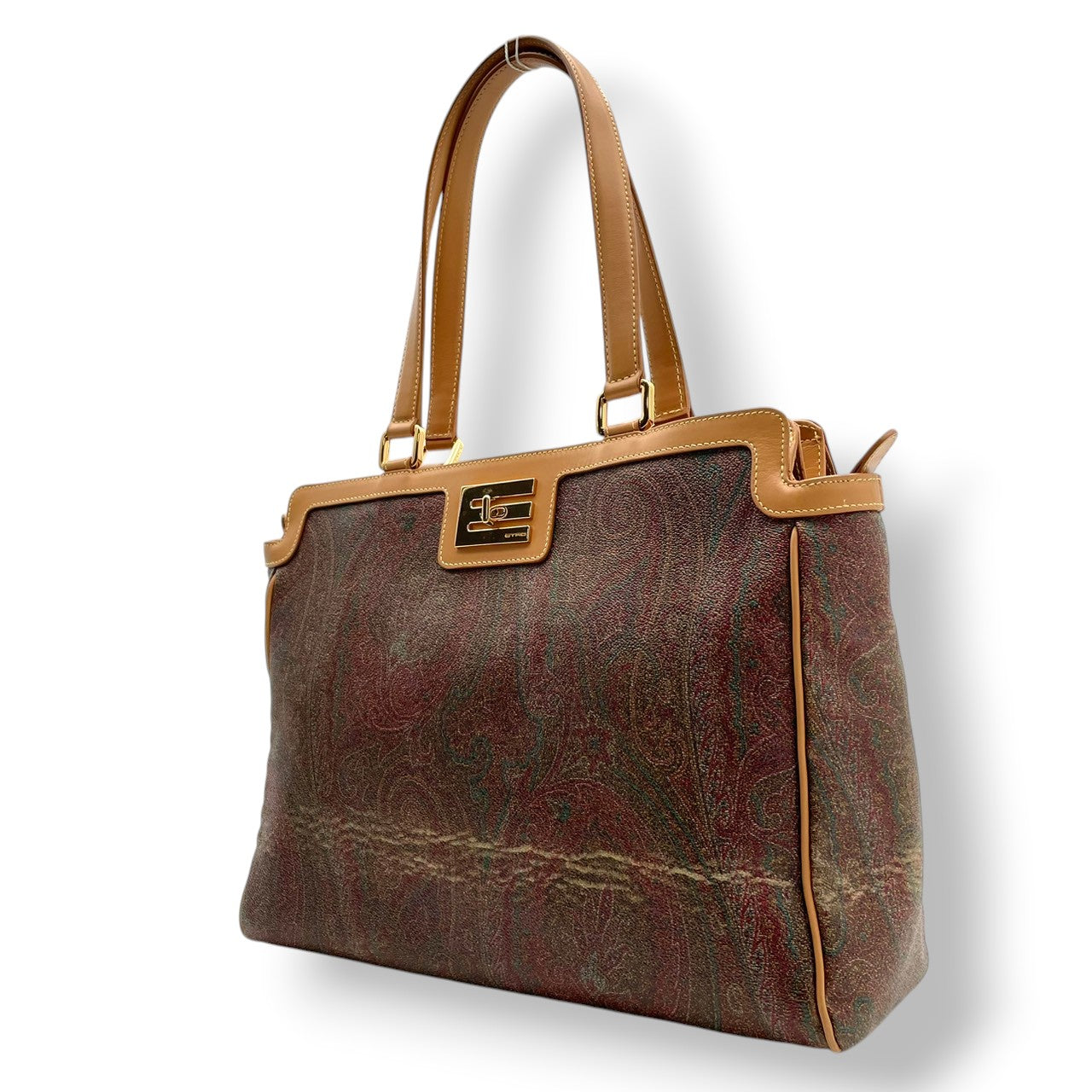 ETRO エトロ バッグ ペイズリー柄 トートバッグ ハンドバッグ 手提げ 肩掛け PVCコーティングキャンバス レザー ライトブラウン ブラウン マルチカラー ゴールド金具 ロゴ金具 A4収納 エレガント クラシック ヴィンテージ イタリア製 レディース S32