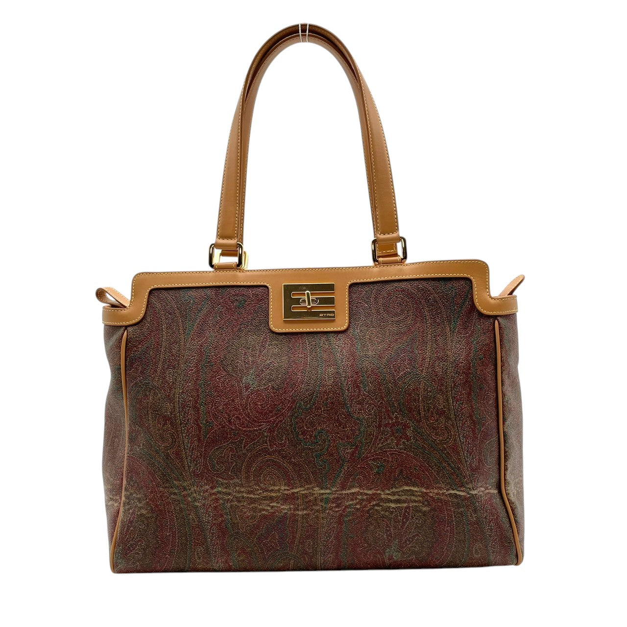 ETRO エトロ バッグ ペイズリー柄 トートバッグ ハンドバッグ 手提げ 肩掛け PVCコーティングキャンバス レザー ライトブラウン ブラウン マルチカラー ゴールド金具 ロゴ金具 A4収納 エレガント クラシック ヴィンテージ イタリア製 レディース S32