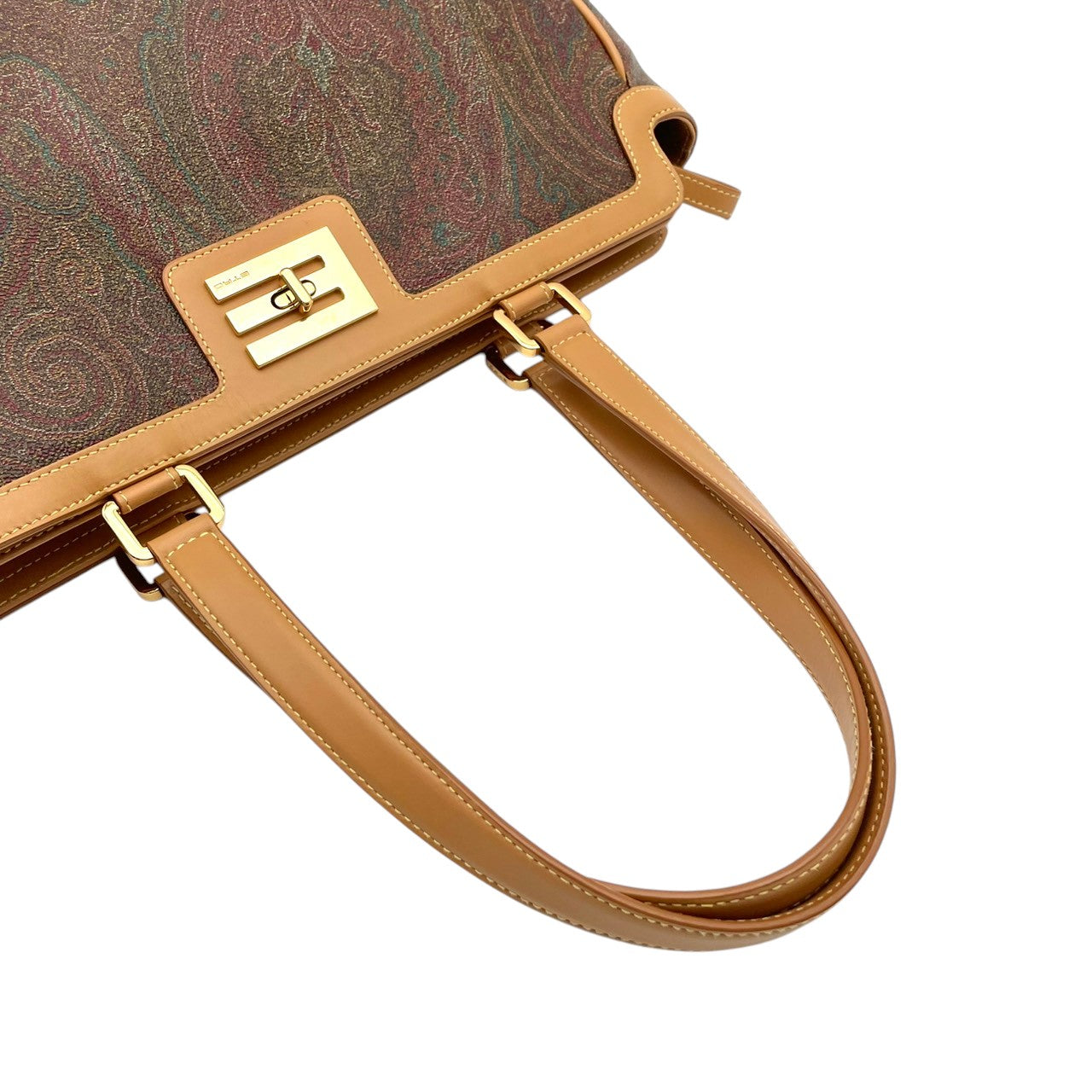 ETRO エトロ バッグ ペイズリー柄 トートバッグ ハンドバッグ 手提げ 肩掛け PVCコーティングキャンバス レザー ライトブラウン ブラウン マルチカラー ゴールド金具 ロゴ金具 A4収納 エレガント クラシック ヴィンテージ イタリア製 レディース S32