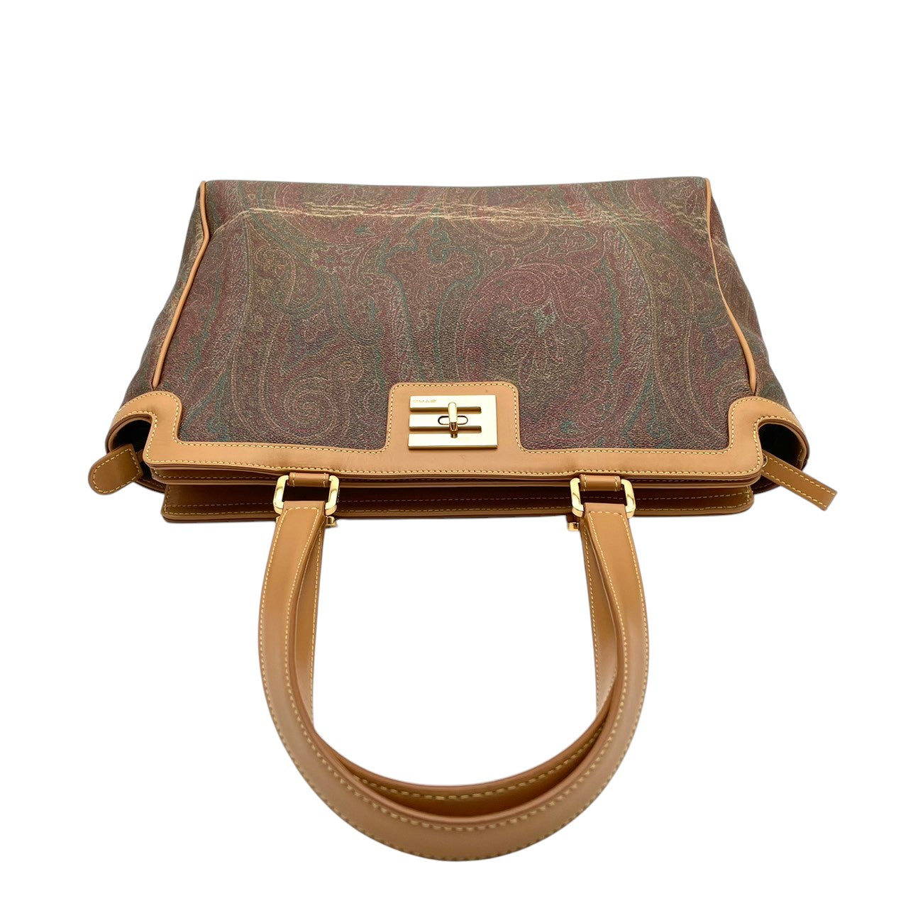 ETRO エトロ バッグ ペイズリー柄 トートバッグ ハンドバッグ 手提げ 肩掛け PVCコーティングキャンバス レザー ライトブラウン ブラウン マルチカラー ゴールド金具 ロゴ金具 A4収納 エレガント クラシック ヴィンテージ イタリア製 レディース S32