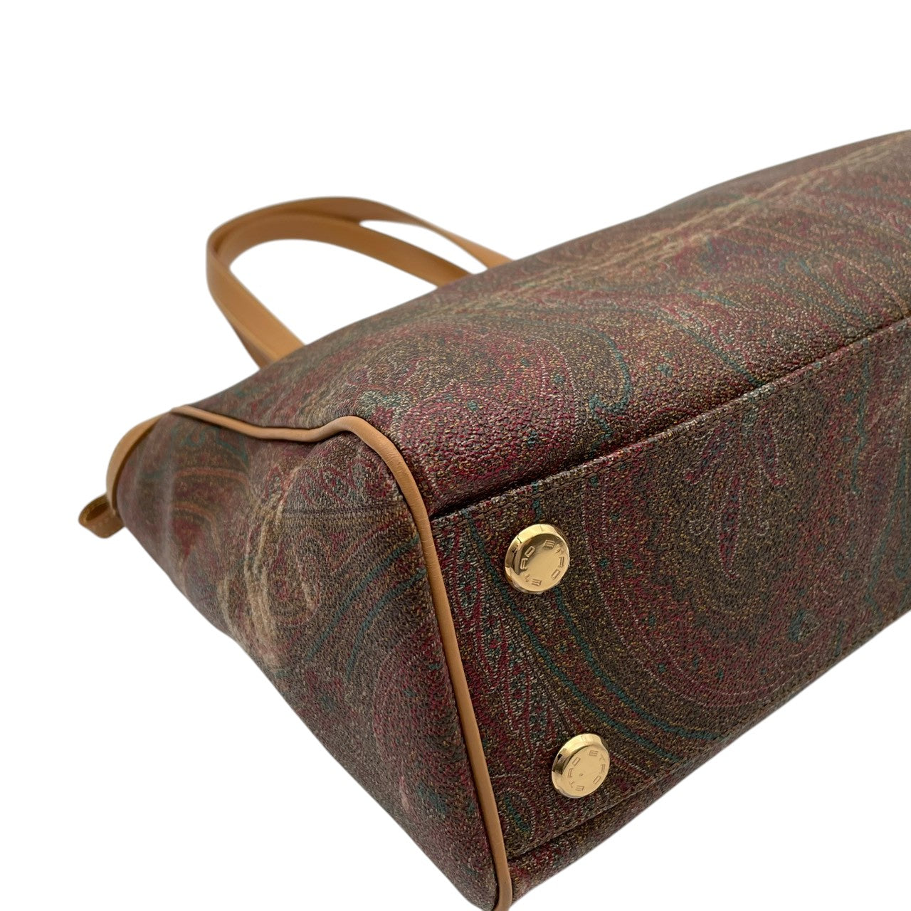 ETRO エトロ バッグ ペイズリー柄 トートバッグ ハンドバッグ 手提げ 肩掛け PVCコーティングキャンバス レザー ライトブラウン ブラウン マルチカラー ゴールド金具 ロゴ金具 A4収納 エレガント クラシック ヴィンテージ イタリア製 レディース S32