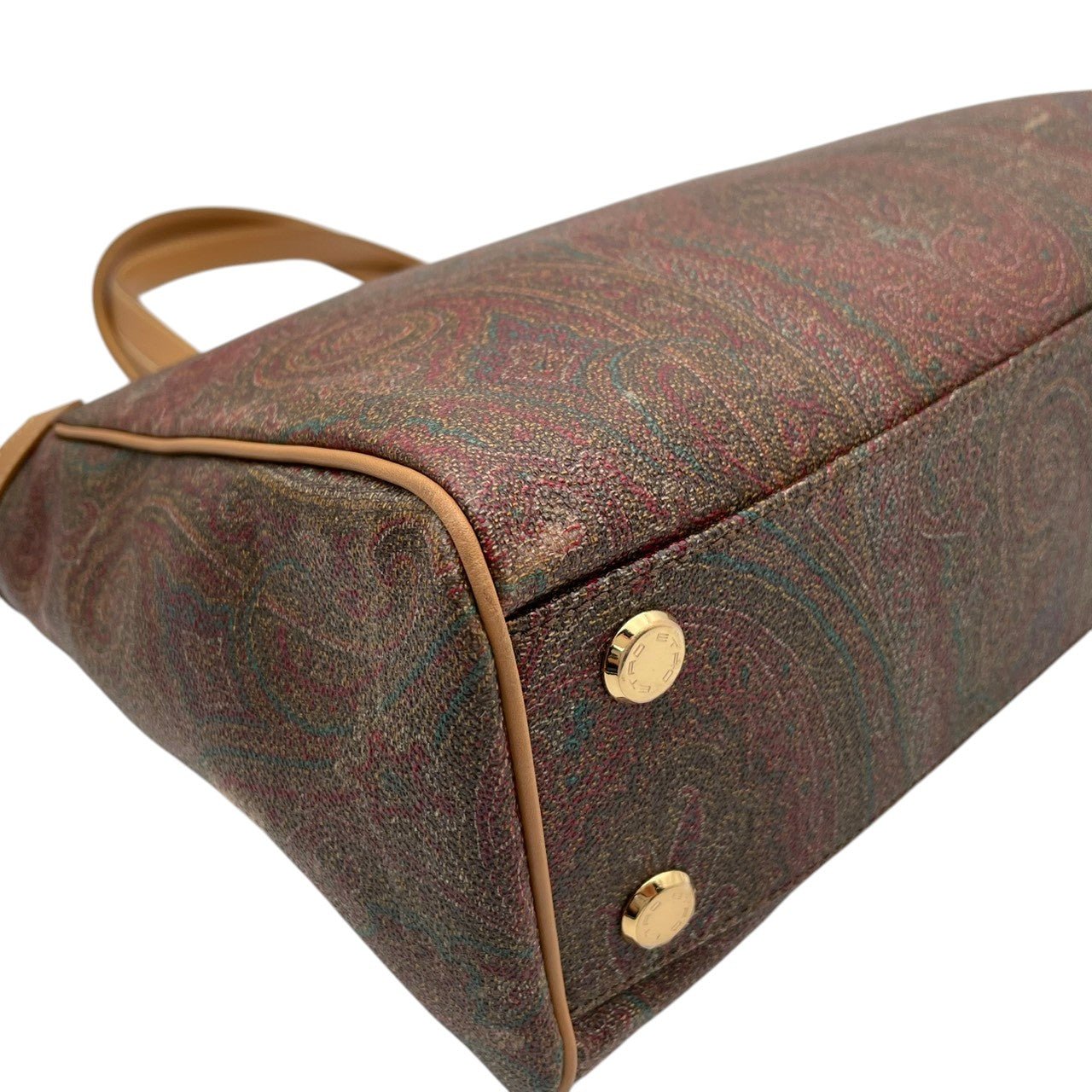 ETRO エトロ バッグ ペイズリー柄 トートバッグ ハンドバッグ 手提げ 肩掛け PVCコーティングキャンバス レザー ライトブラウン ブラウン マルチカラー ゴールド金具 ロゴ金具 A4収納 エレガント クラシック ヴィンテージ イタリア製 レディース S32